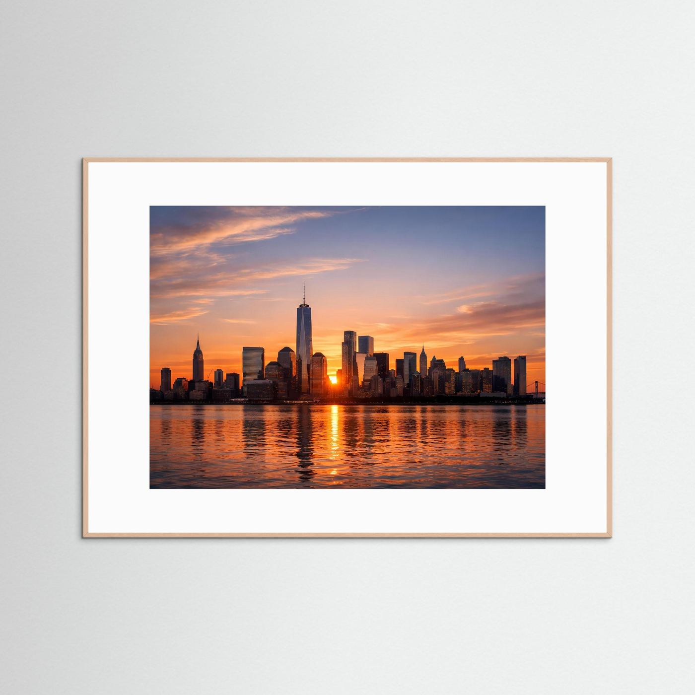 Gepanorama-Poster mit New-York-Skyline bei Sonnenuntergang, braun gerahmt