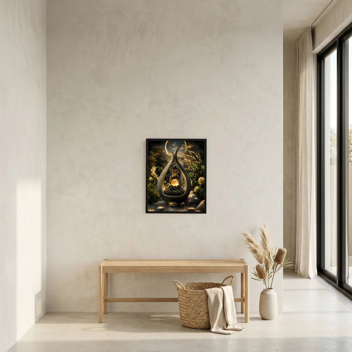Gerahmtes Buddha-Kunstposter an der Wand: meditierende Figur mit goldener Lichtkugel, dunkel.