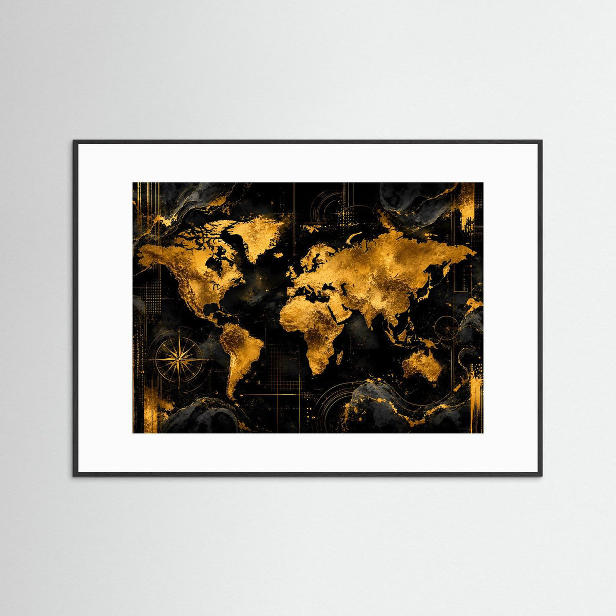 Querformatiges Poster im schwarzen Rahmen mit weißem Passepartout, Weltkarte Schwarz-Gold