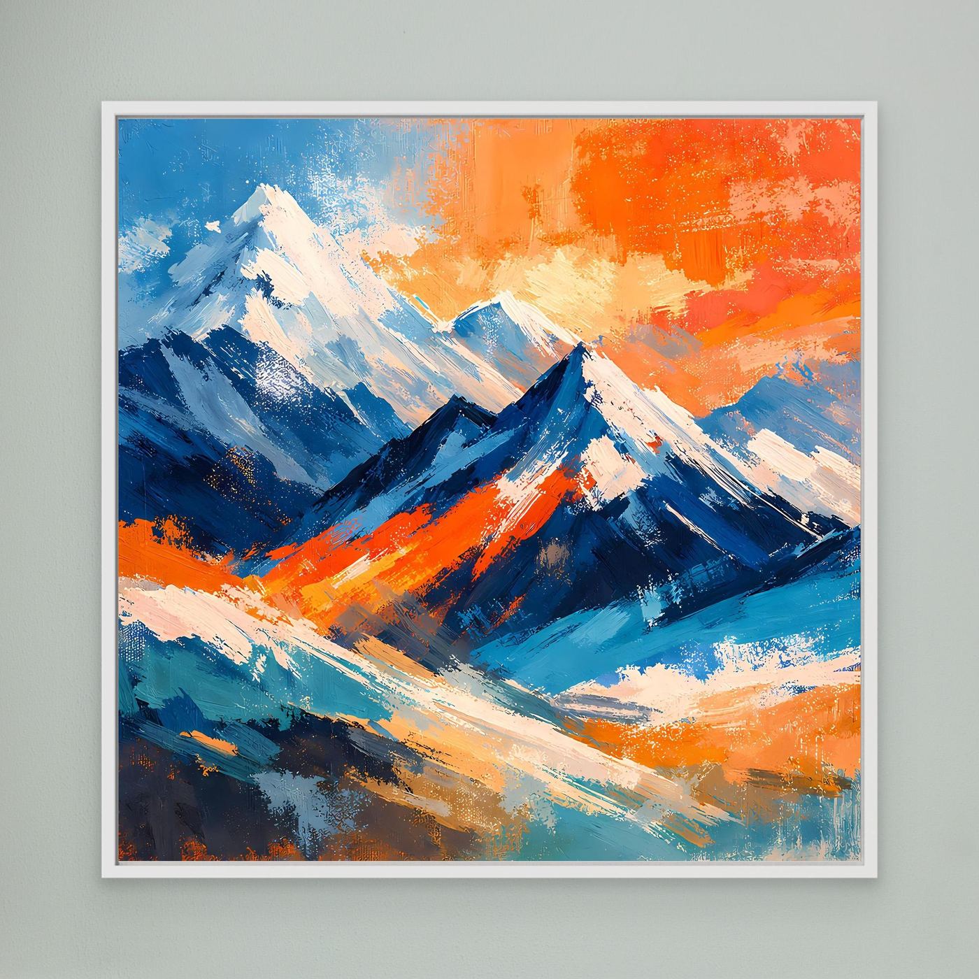Abstraktes Leinwandbild mit bunten Bergen, Weißer Rahmen, dynamische Hochgebirge