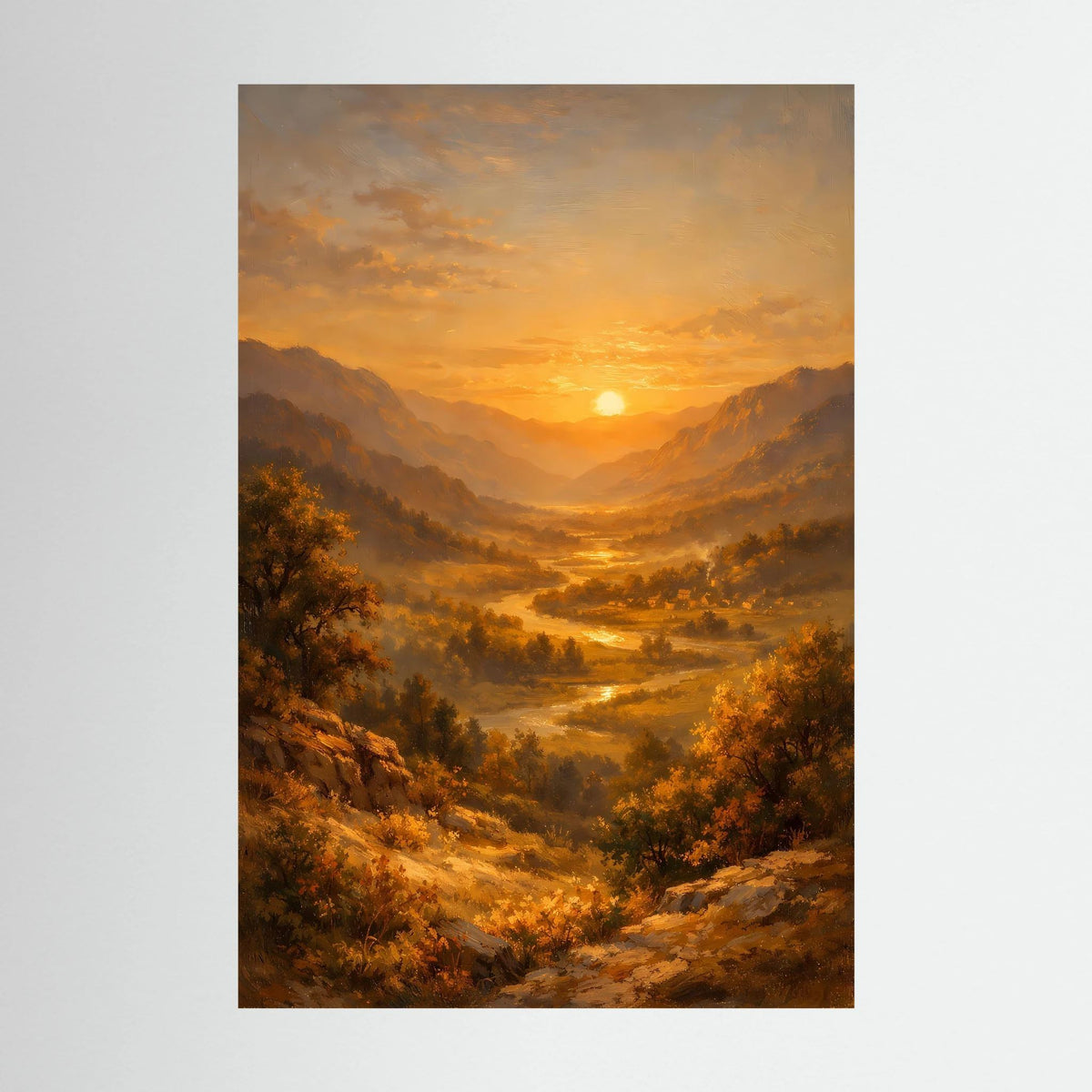 Hochformatiges Wandbild mit Berglandschaft, Fluss und goldenem Abendsonnenuntergang