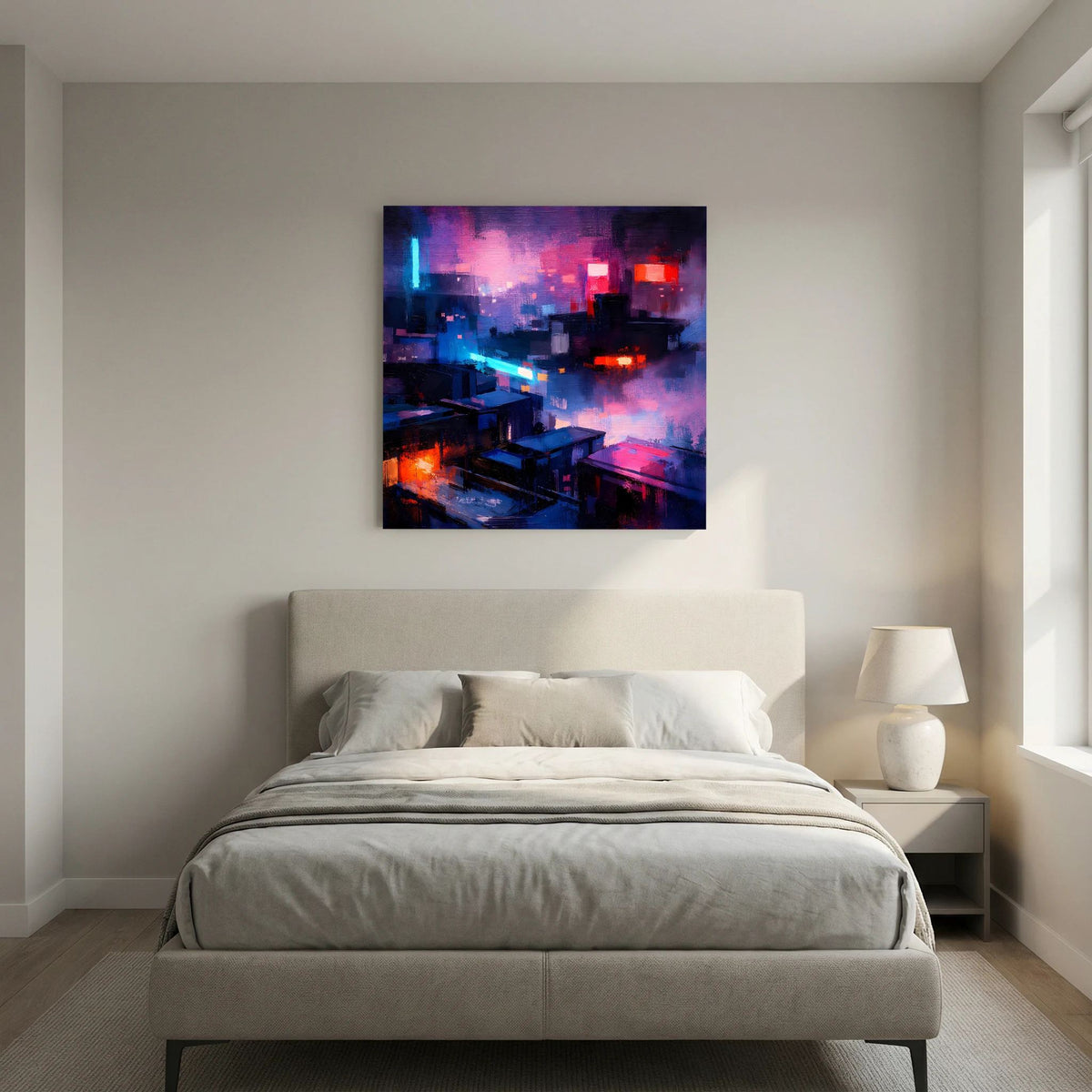 Neon-Cyberpunk-Stadt auf Leinwand, kontrastreiche Silhouetten mit blauem und rotem Licht