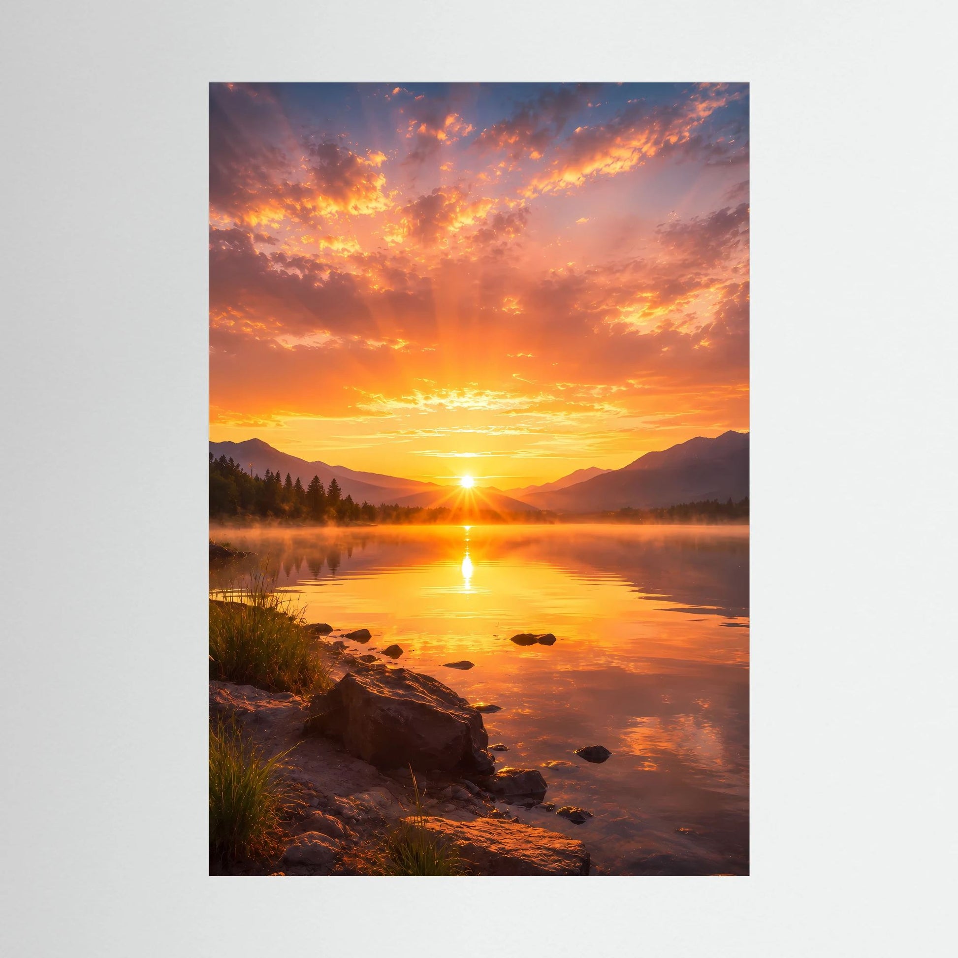 Poster im Hochformat mit Sonnenuntergang am Bergsee, Berge, Wolken und Spiegelung im Wasser
