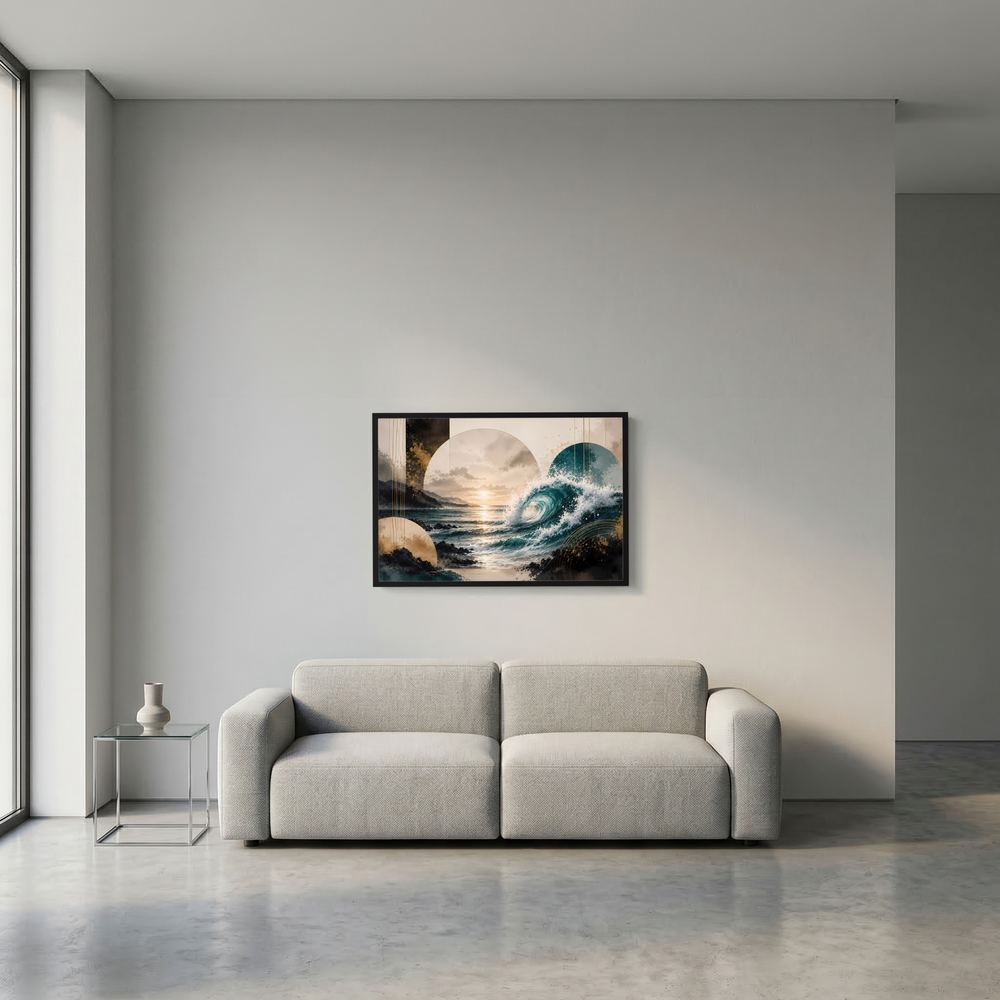 Gerahmtes Querformat-Poster mit Meereswellen-Motiv an der Wand im schwarzen Rahmen