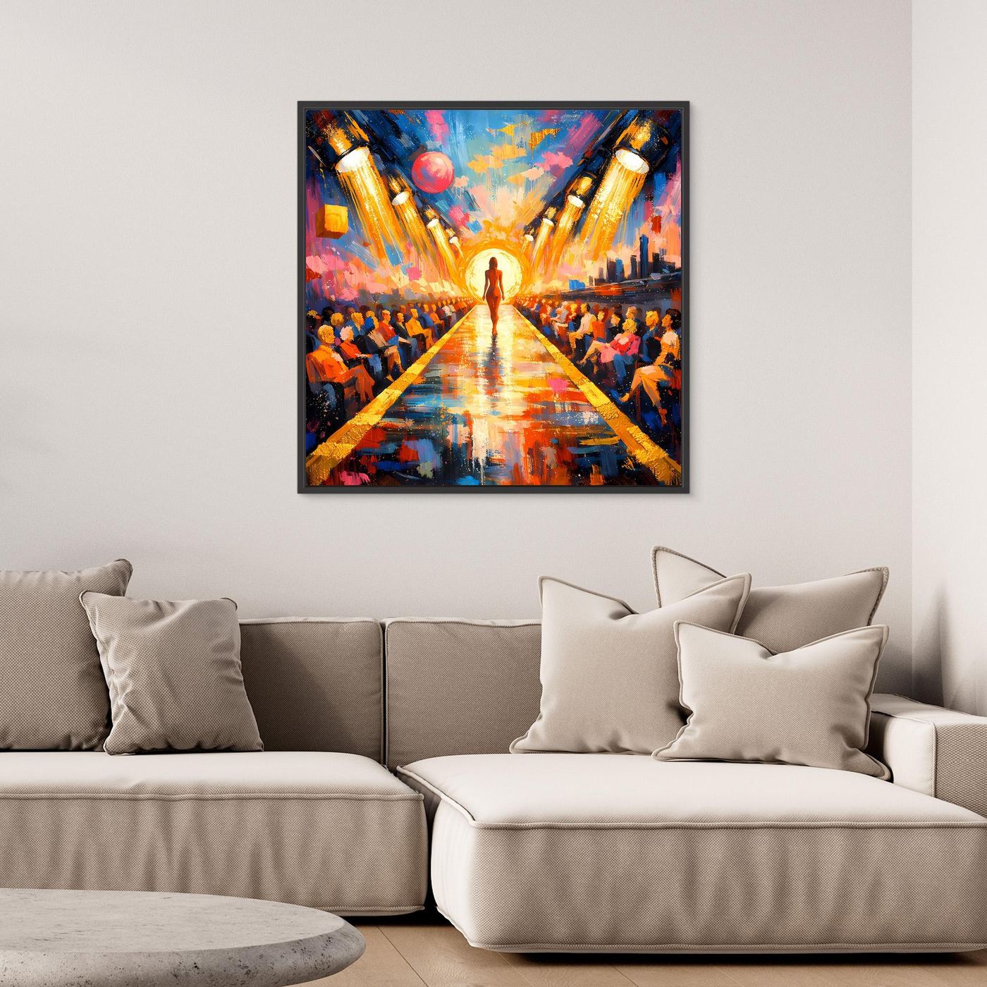 Abstraktes Pop-Art-Wandbild, breite Perspektive mit beleuchtetem Laufsteg und Publikum