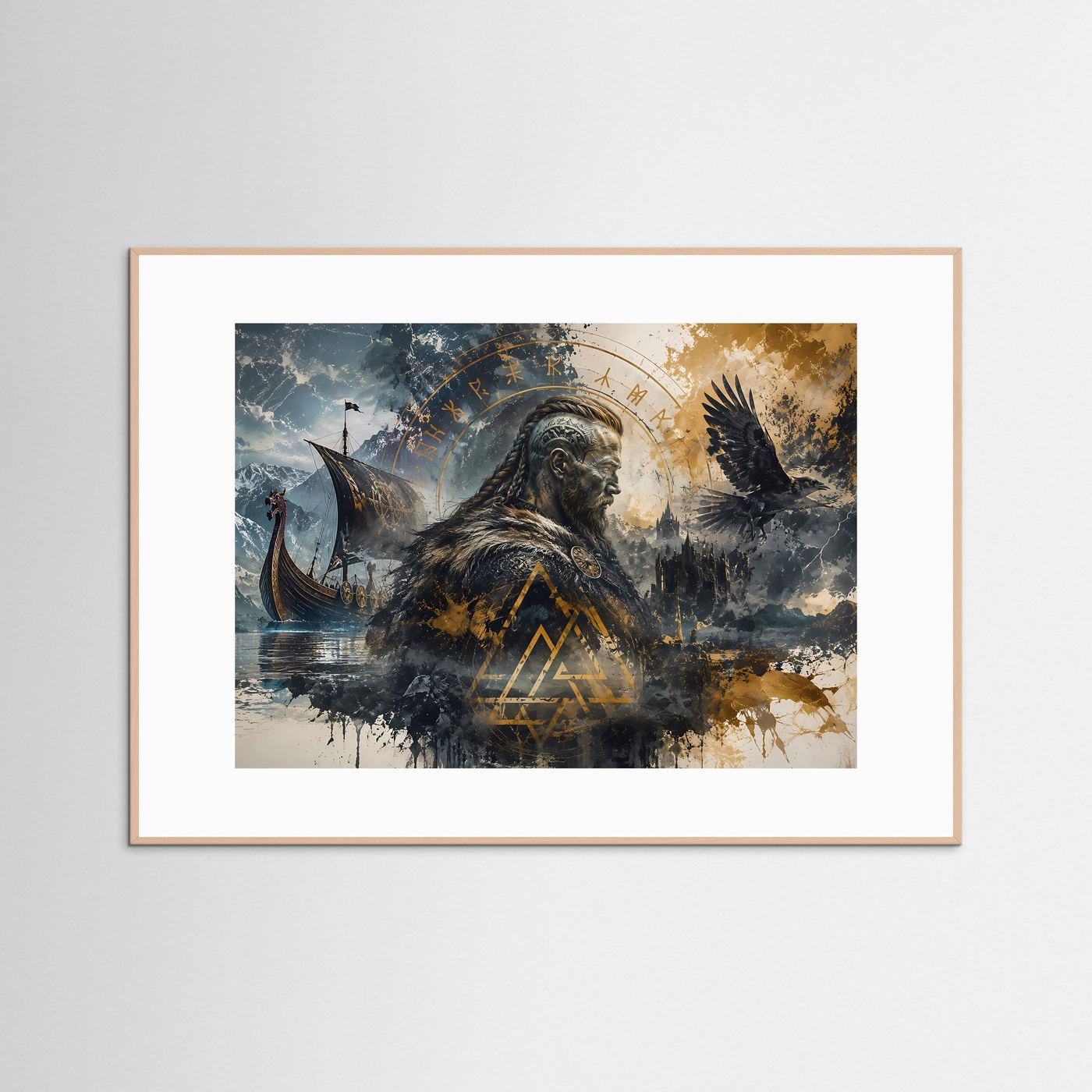 Wikinger Poster | Nordische Mythologie Wandbild | Viking Kunst mit Rabe & Langschiff | Ragnarök Runen | Skandinavische Fine Art