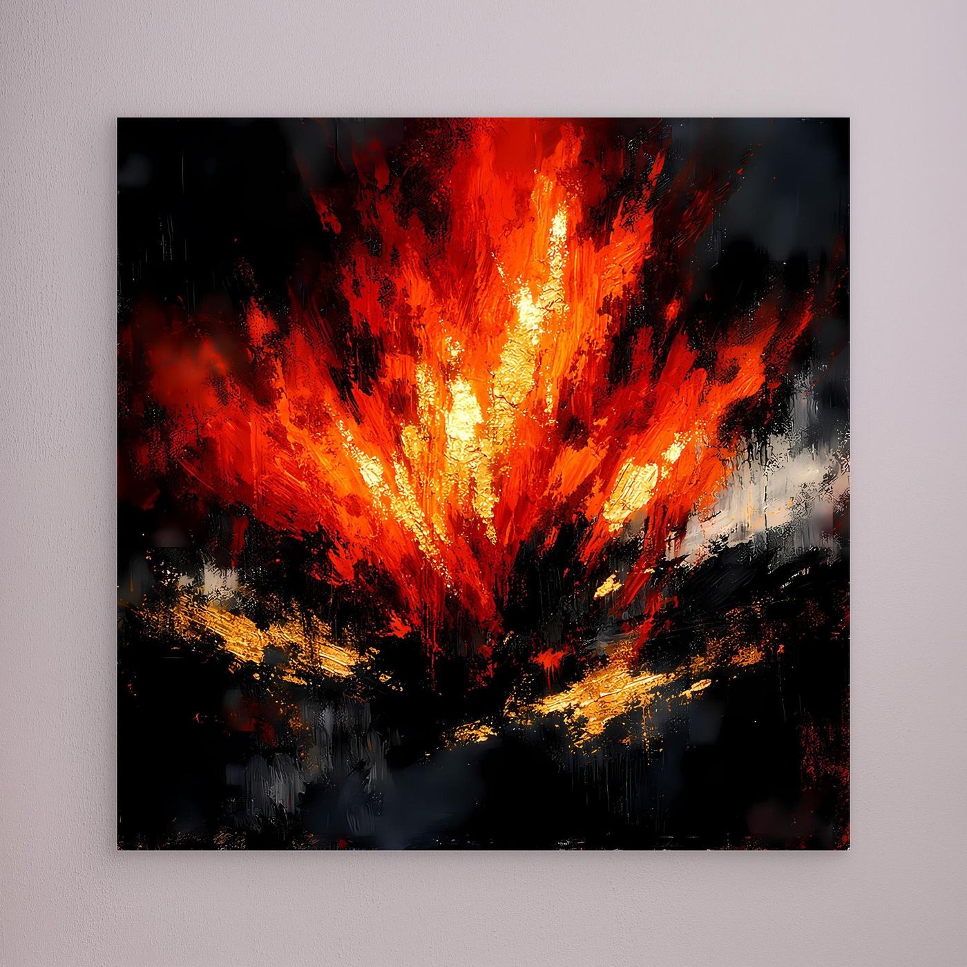 Leinwand-Wandbild mit abstrakten Flammen in Rot und Orange, ohne sichtbaren Rahmen.