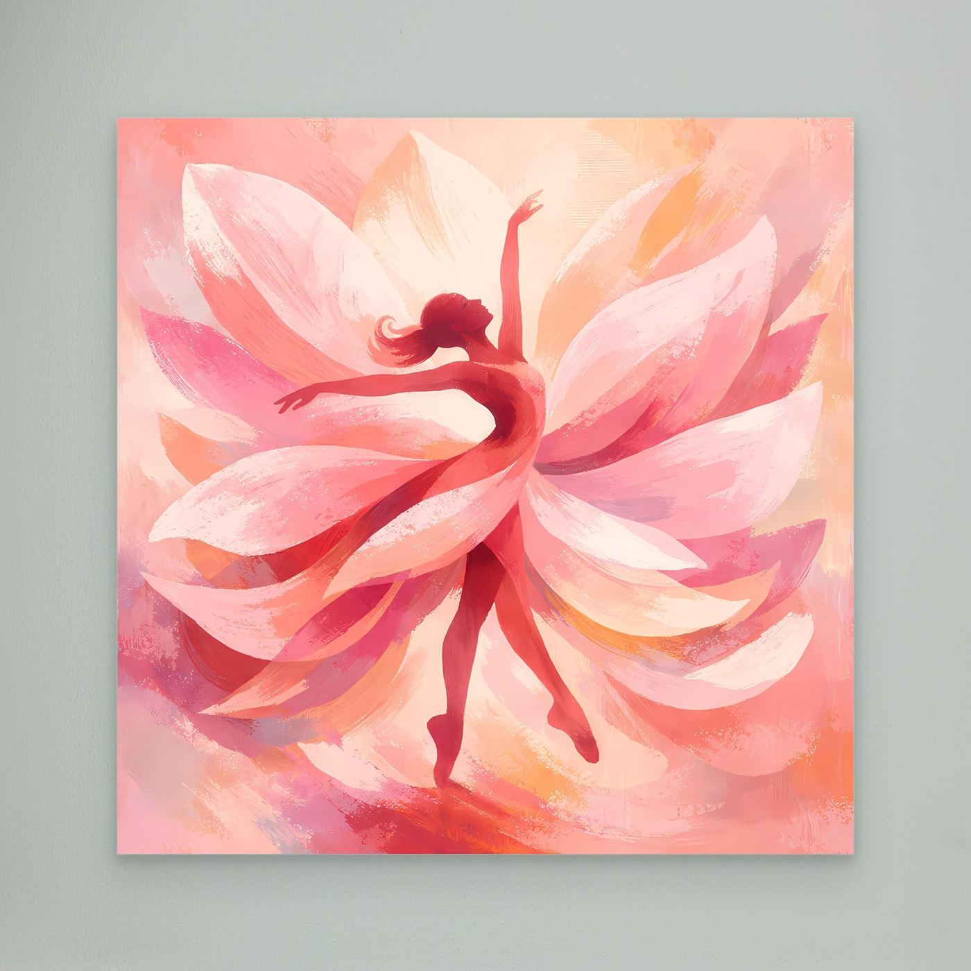 Leinwandbild mit abstrakter Tänzerin zwischen rosa Blütenblättern, ohne Rahmen