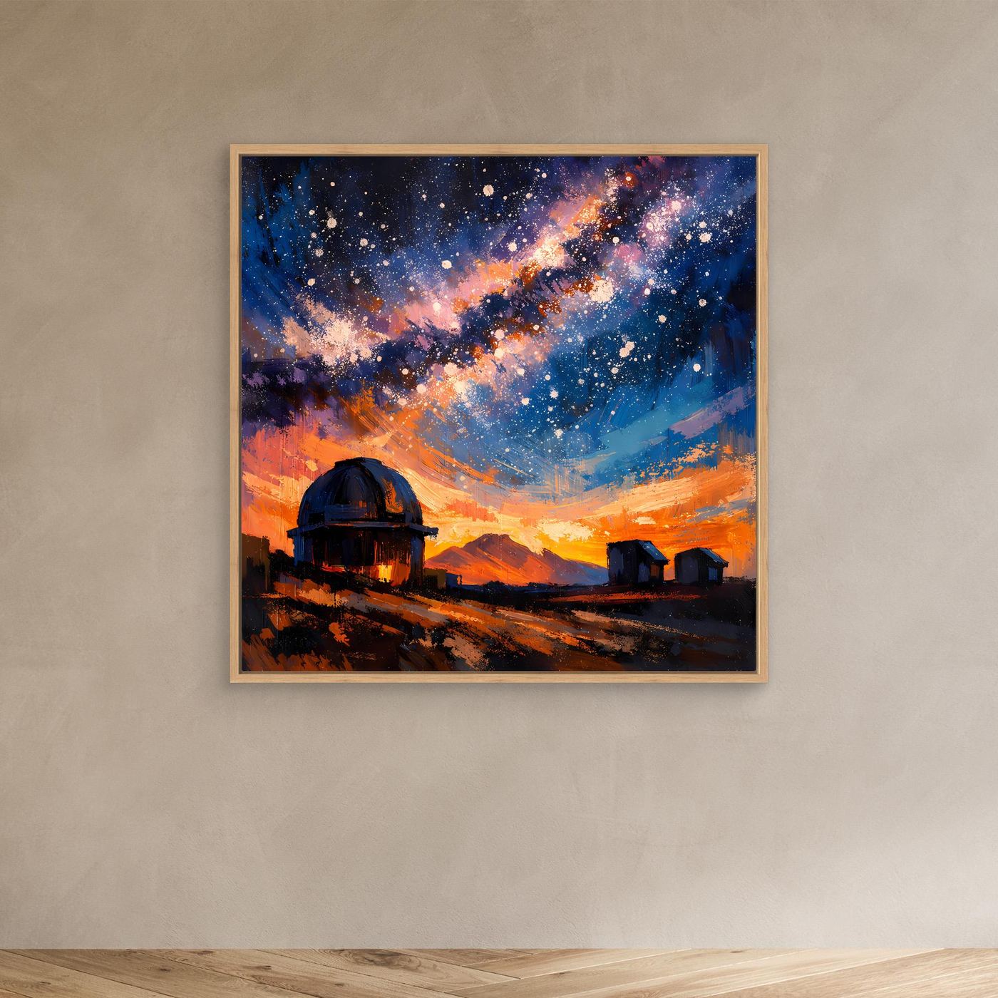 Leinwand-Wandbild im Holzrahmen: Sternenhimmel und Milchstraße über der Sternwarte