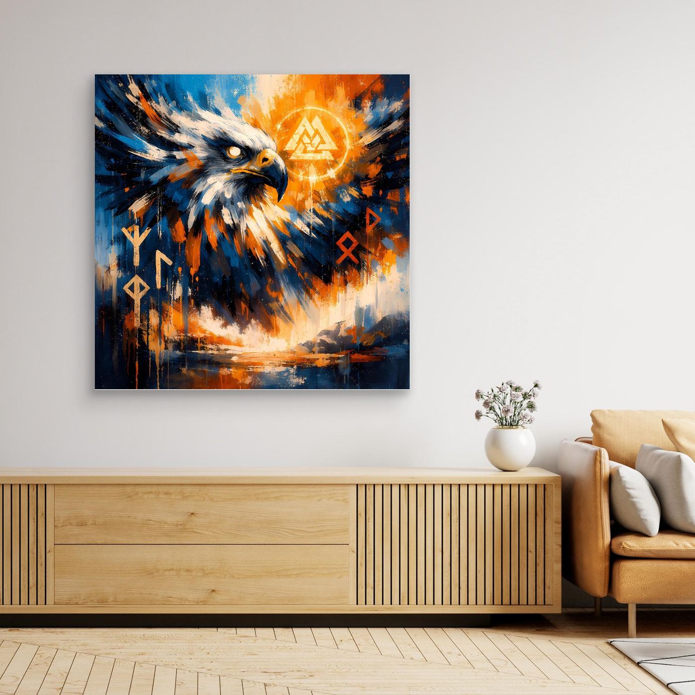 Abstraktes Leinwand-Wandbild mit Adlerkopf und skandinavischen Symbolen, im modernen Farbsplash