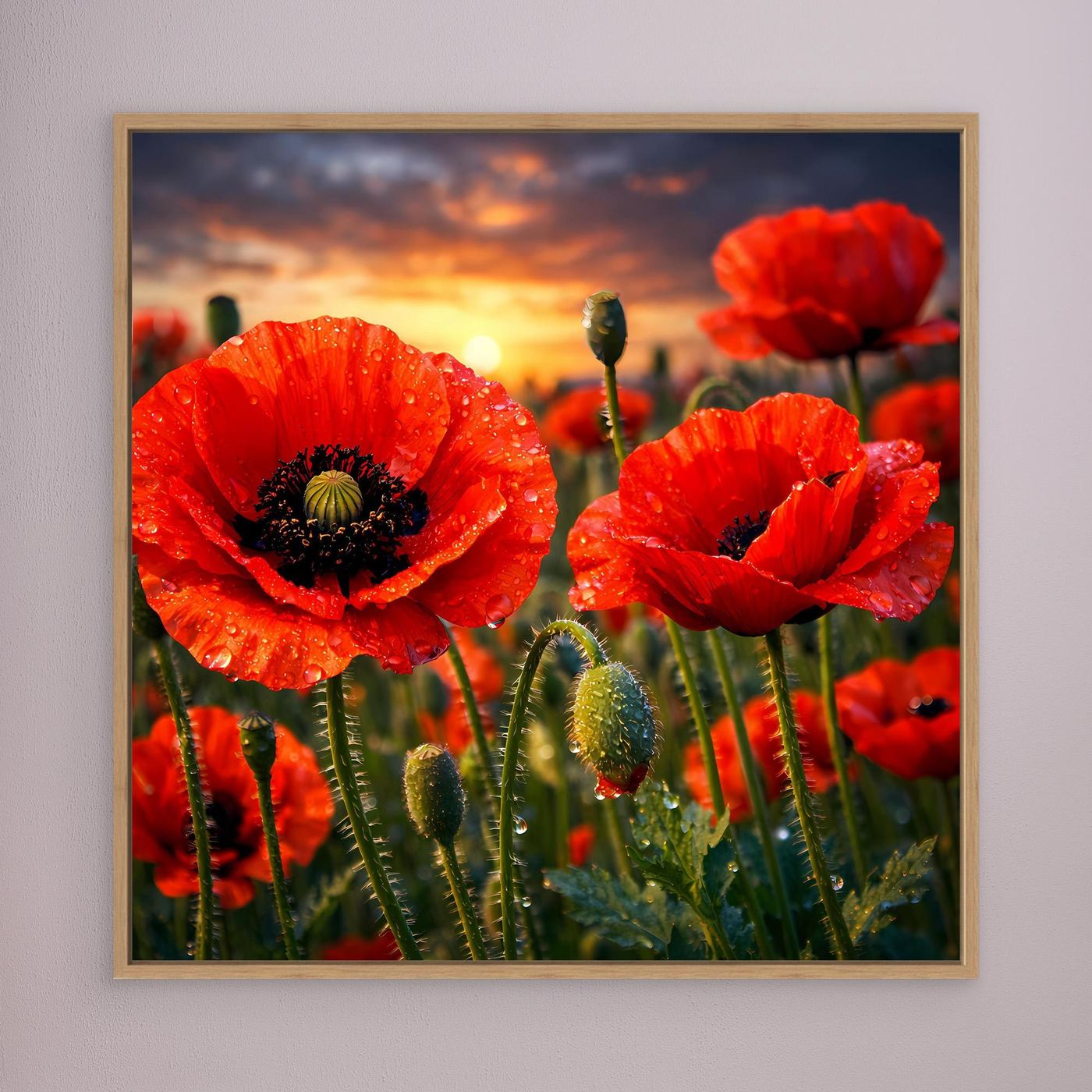 Gerahmtes Leinwandbild mit rotem Klatschmohn im Abendhimmel, Holzrahmen
