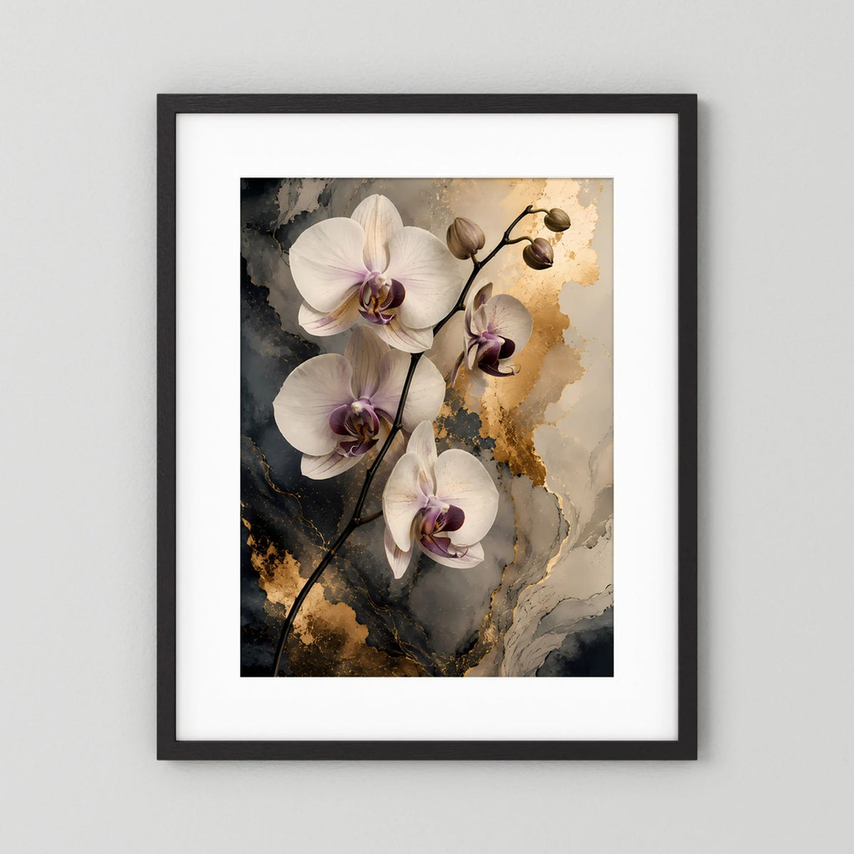 Weiße Orchideen mit Gold | Elegante Blüten auf Marmoroptik | Poster Hochformat