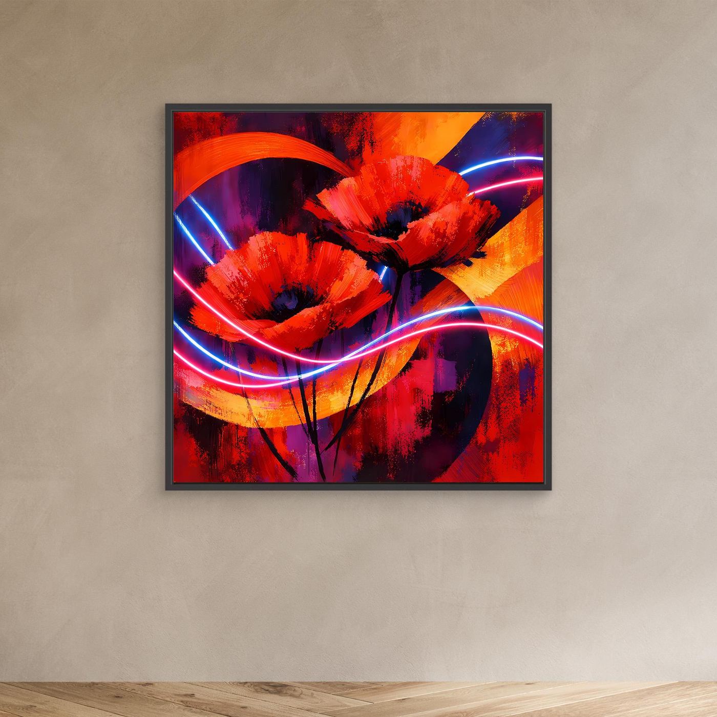 Leinwandbild mit abstrakten Mohnblumen, rot und violett, Neonbögen, schwarzer Rahmen