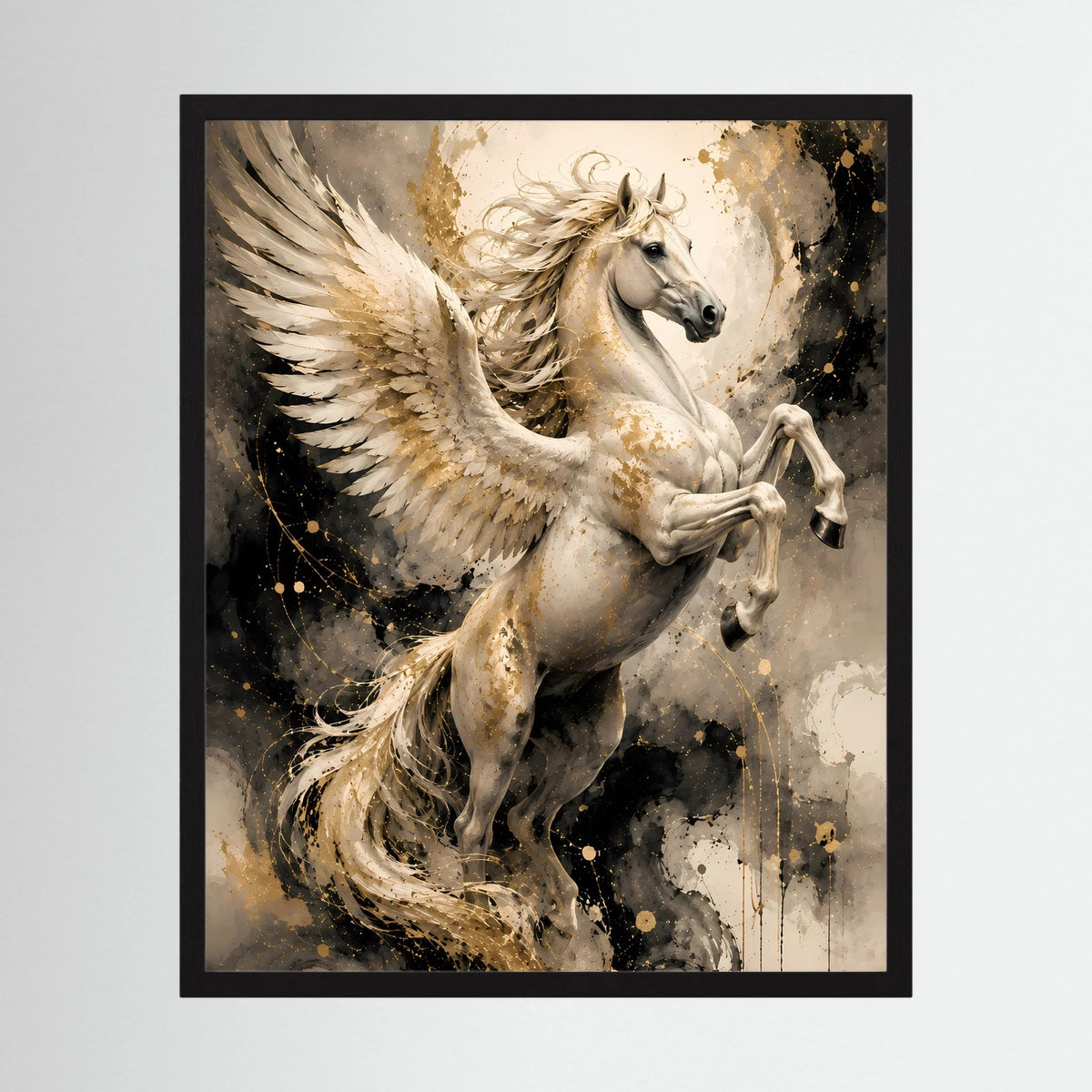 Poster mit schwarzem Rahmen: weißer Pegasus mit Flügeln im Gold-Spritzer-Design