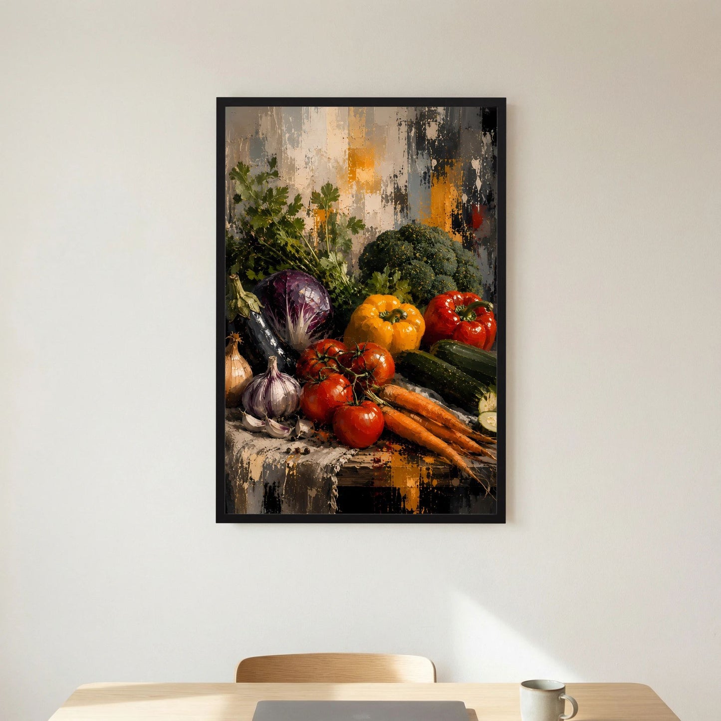 Poster Hochformat mit Gemüse-Stillleben, schwarzer Rahmen und weiße Bildumrandung