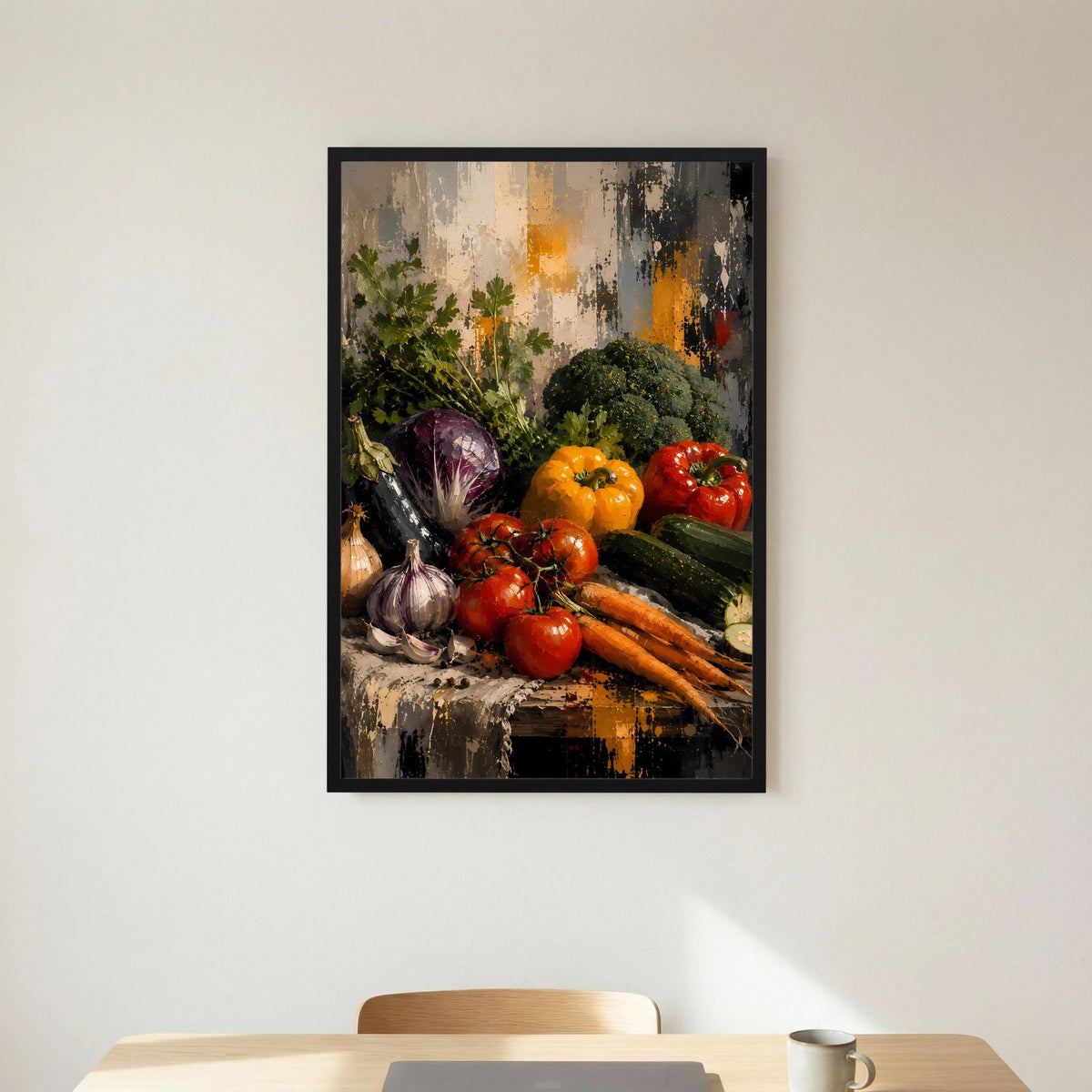 Poster Hochformat mit Gemüse-Stillleben, schwarzer Rahmen und weiße Bildumrandung