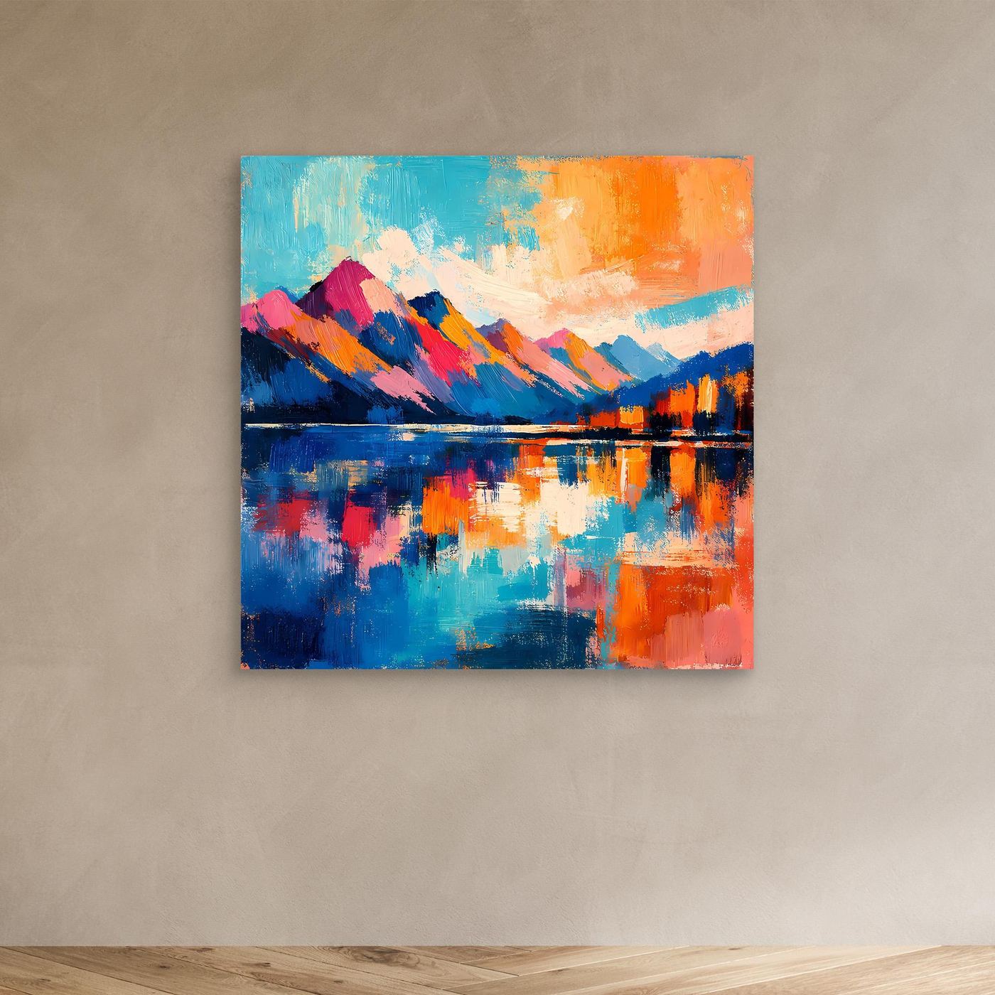 Leinwand-Wandbild mit abstrakter Bergkette am See in Blau und Orange, ohne Rahmen