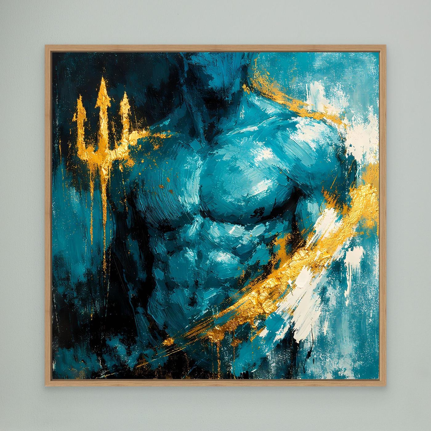 Leinwand Kraftvoller Poseidon in Türkis | Abstraktes Meeresgott Wandbild Gold