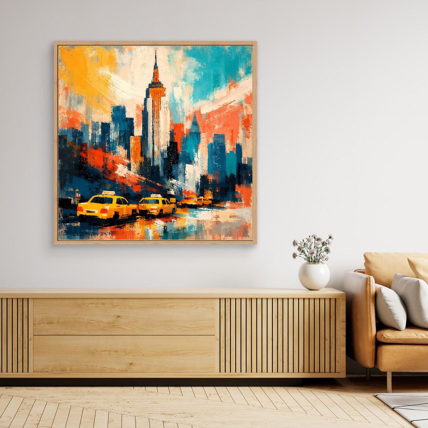 Leinwand-Wandbild mit New-York-Skyline und gelben Taxis, quadratisch, über Sideboard