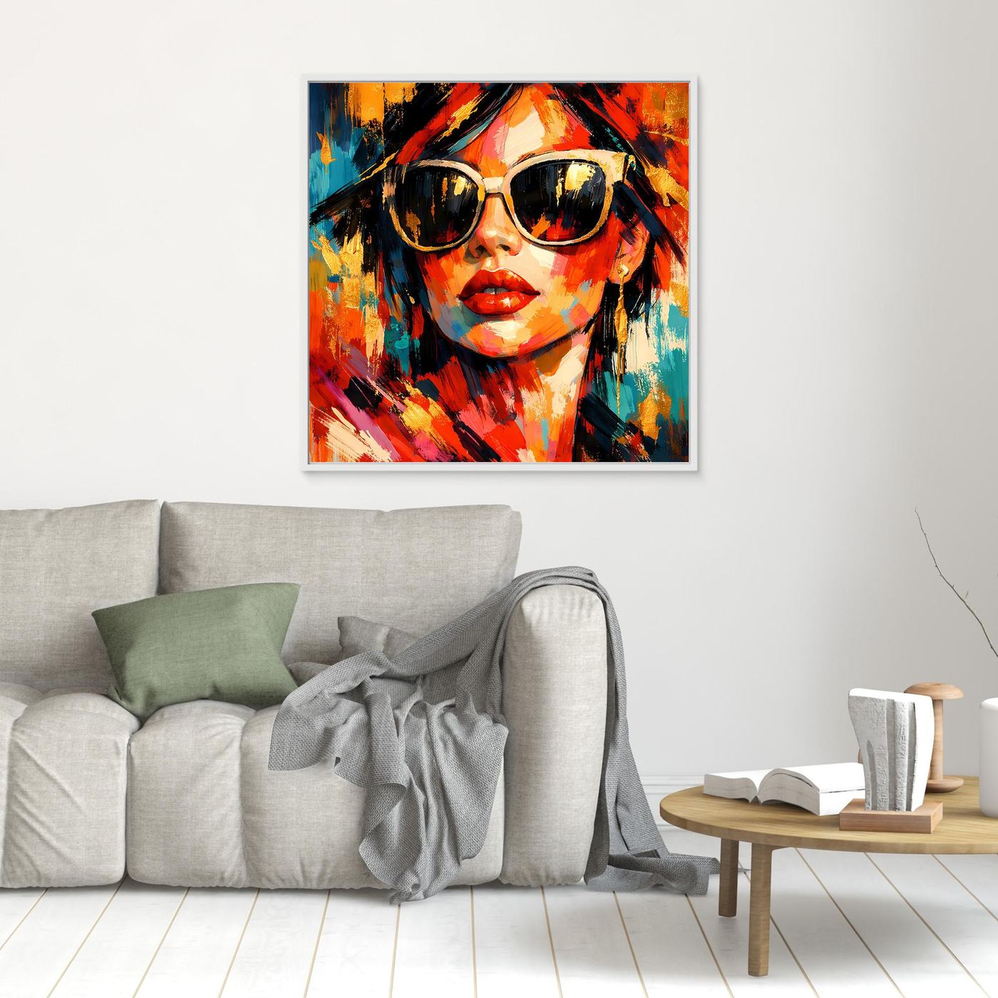 Leinwandbild Pop-Art-Frau mit Sonnenbrille, kleiner Druck an der Wand, bunte Pinselstriche