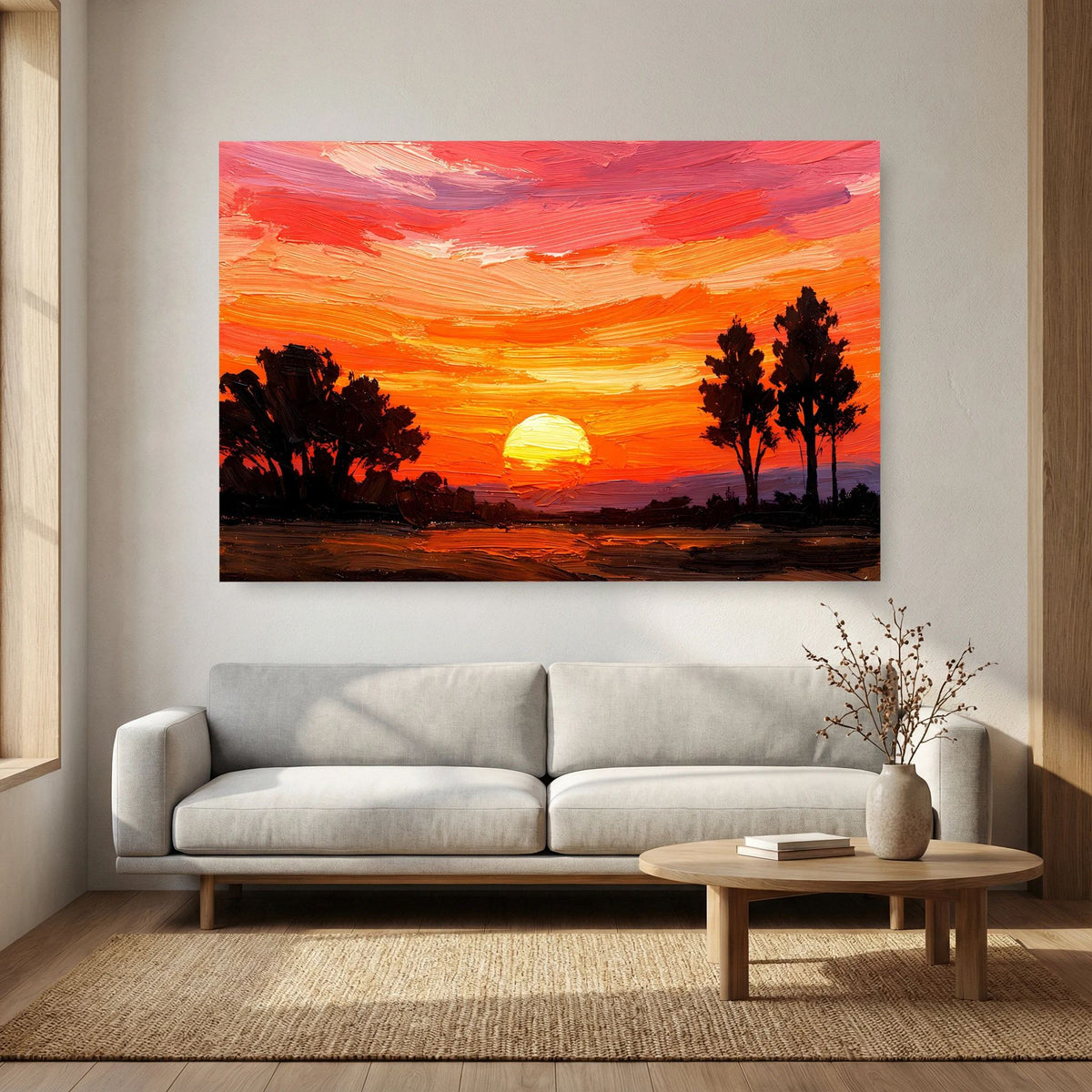 Acryl-Kunstwerk im Querformat an der Wand: orangefarbener Sonnenuntergang mit Bäumen