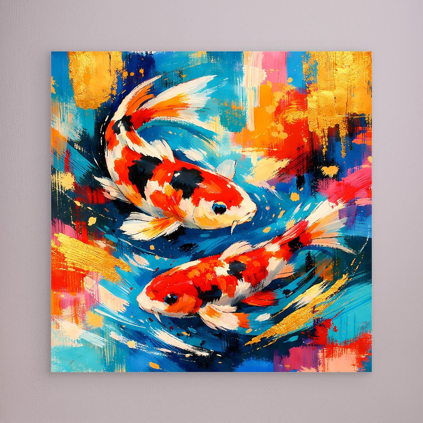 Leinwandbild mit bunten Koi-Fischen im abstrakten Pinselstil, ohne sichtbaren Rahmen