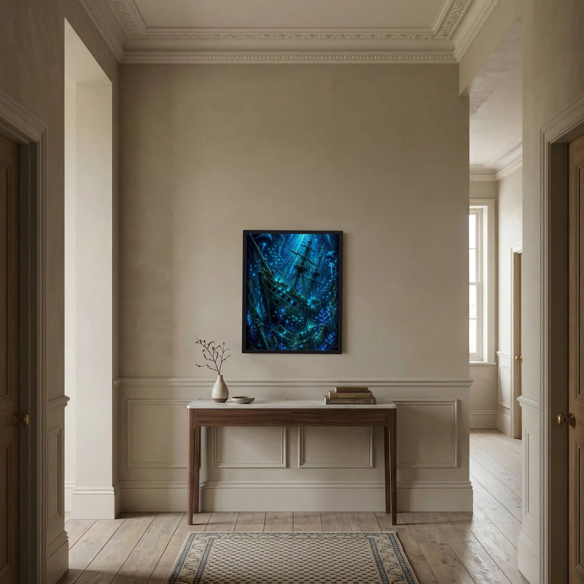 Kunstposter mit blauem Geisterschiff im schwarzen Rahmen