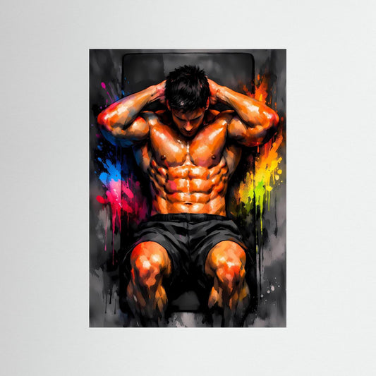 Die Kraft der Mitte | Sit-Ups Fitness Poster in dynamischen Neonfarben | Abstraktes Kunstposter Hochformat