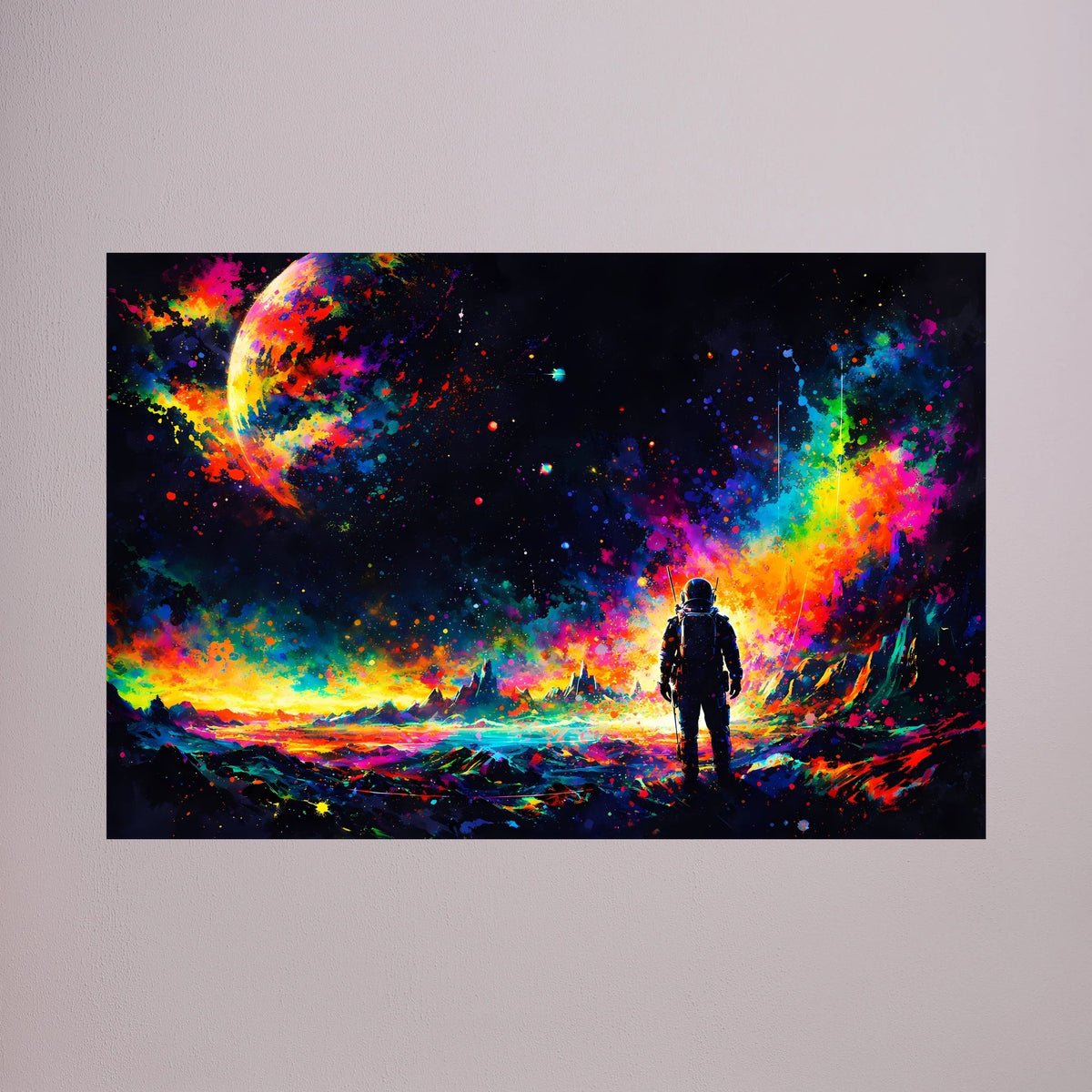 Poster mit Astronauten-Silhouette im bunten Neon-Weltraum, querformatig