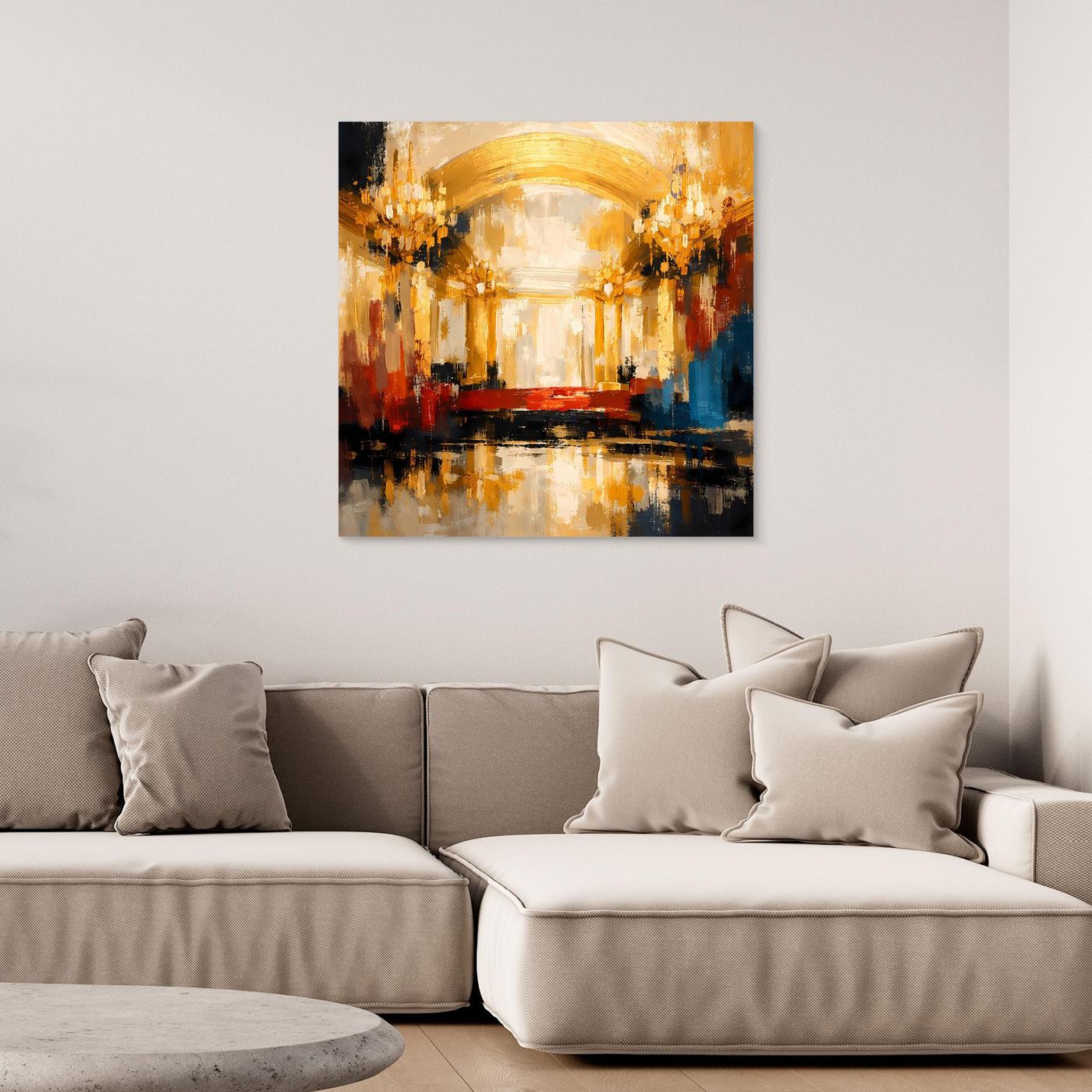 Leinwand Abstraktes Palast Saal Gemälde | Modernes Elegantes Wandbild Ballsaal Gold Rot