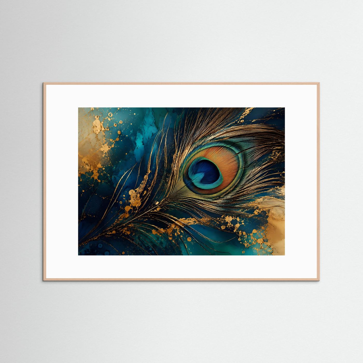Pfauenfeder in Petrol & Gold | Luxuriöse abstrakte Wandkunst