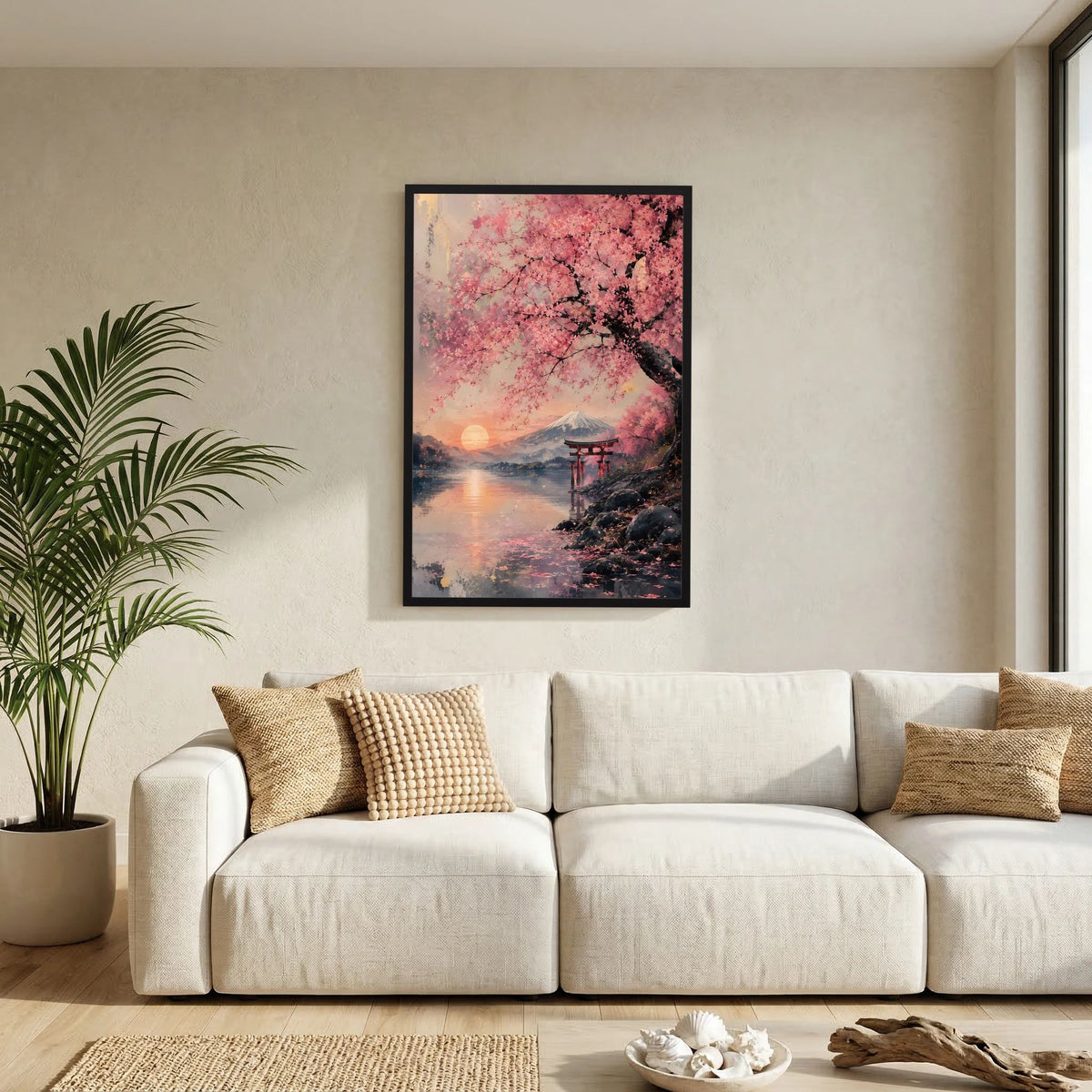 Poster im schwarzen Rahmen mit Kirschblüten und Fuji-Landschaft über Sofa im Wohnzimmer