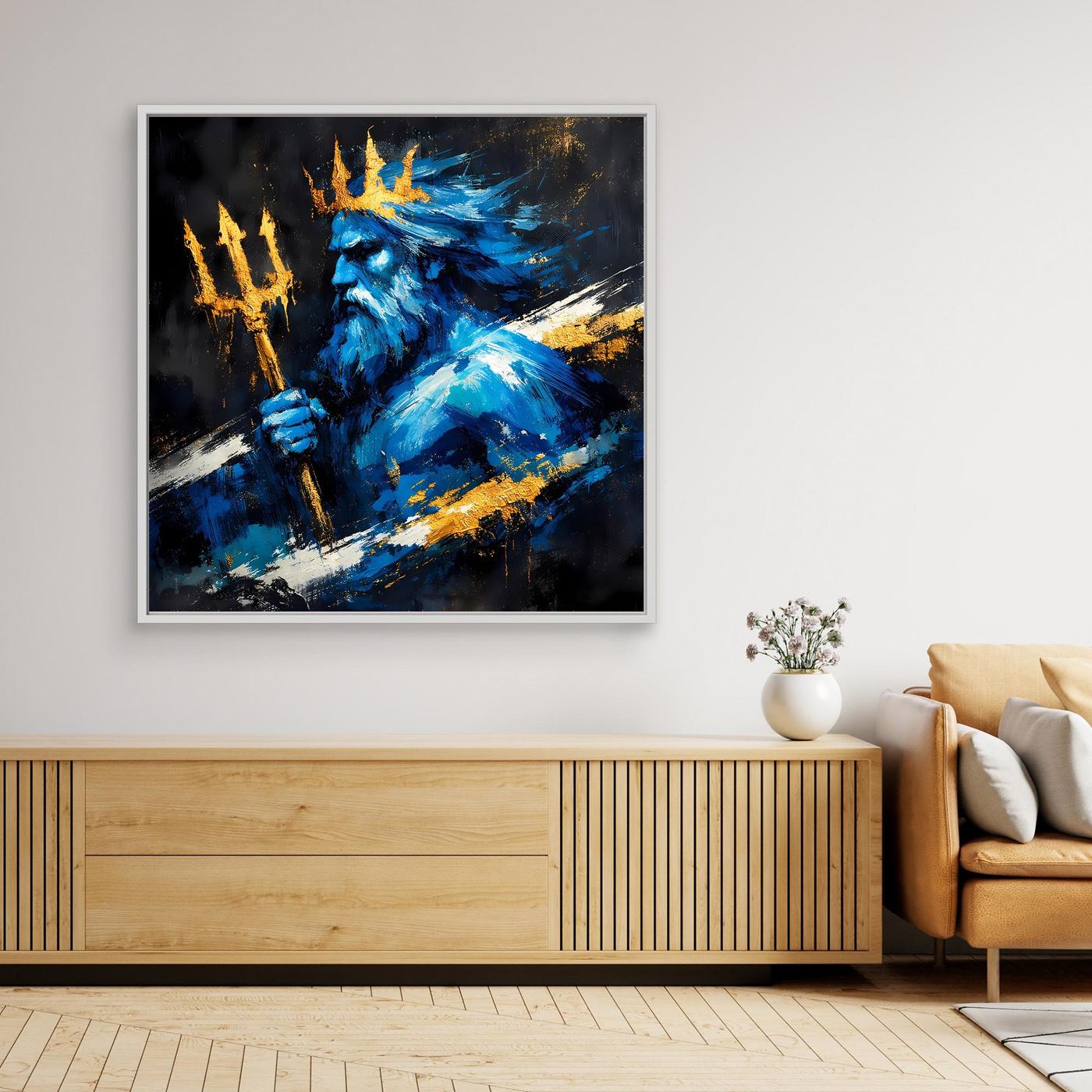 Leinwand Poseidon Gott des Meeres | Abstraktes Mythologie Wandbild Blau Gold
