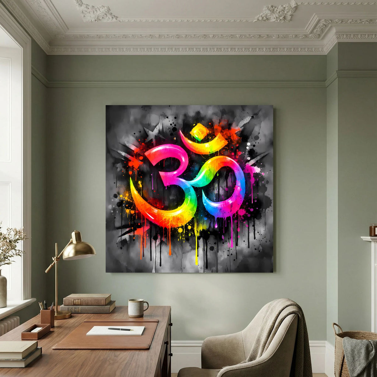 Keilrahmen-Leinwandbild mit farbigem Om-Symbol und Spritzdekor auf dunklem Hintergrund