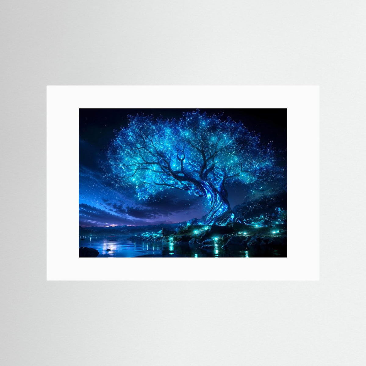 Leuchtendes Baum-des-Lebens-Bild mit blauen Lichtern, weißes Passepartout