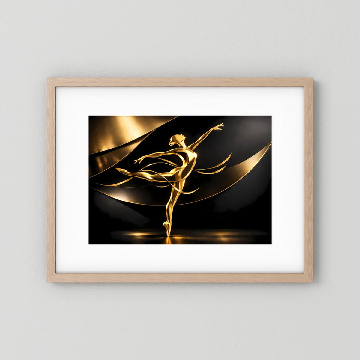Querformatiges Wandbild mit goldener Ballerina, schwarzer Hintergrund, Holzrahmen