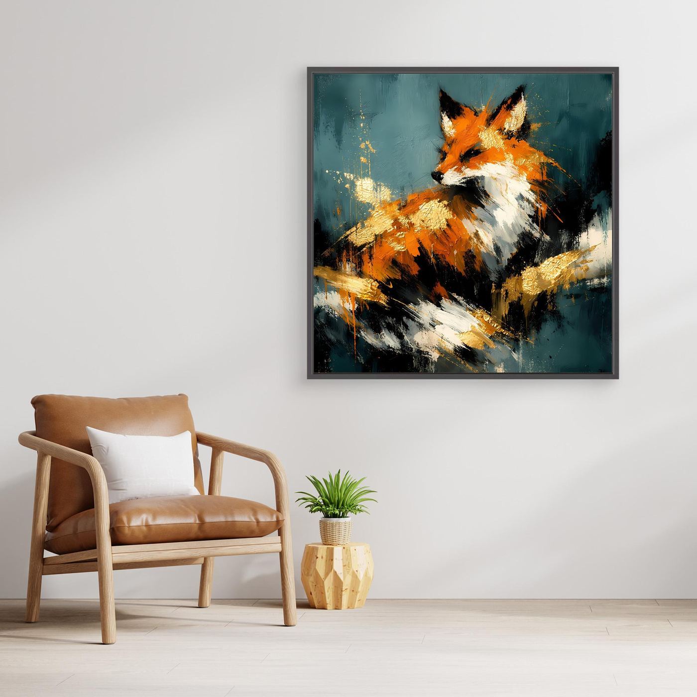 Leinwand-Wandbild mit abstraktem Fuchs und orangefarbener Schnauze, goldene Akzente.
