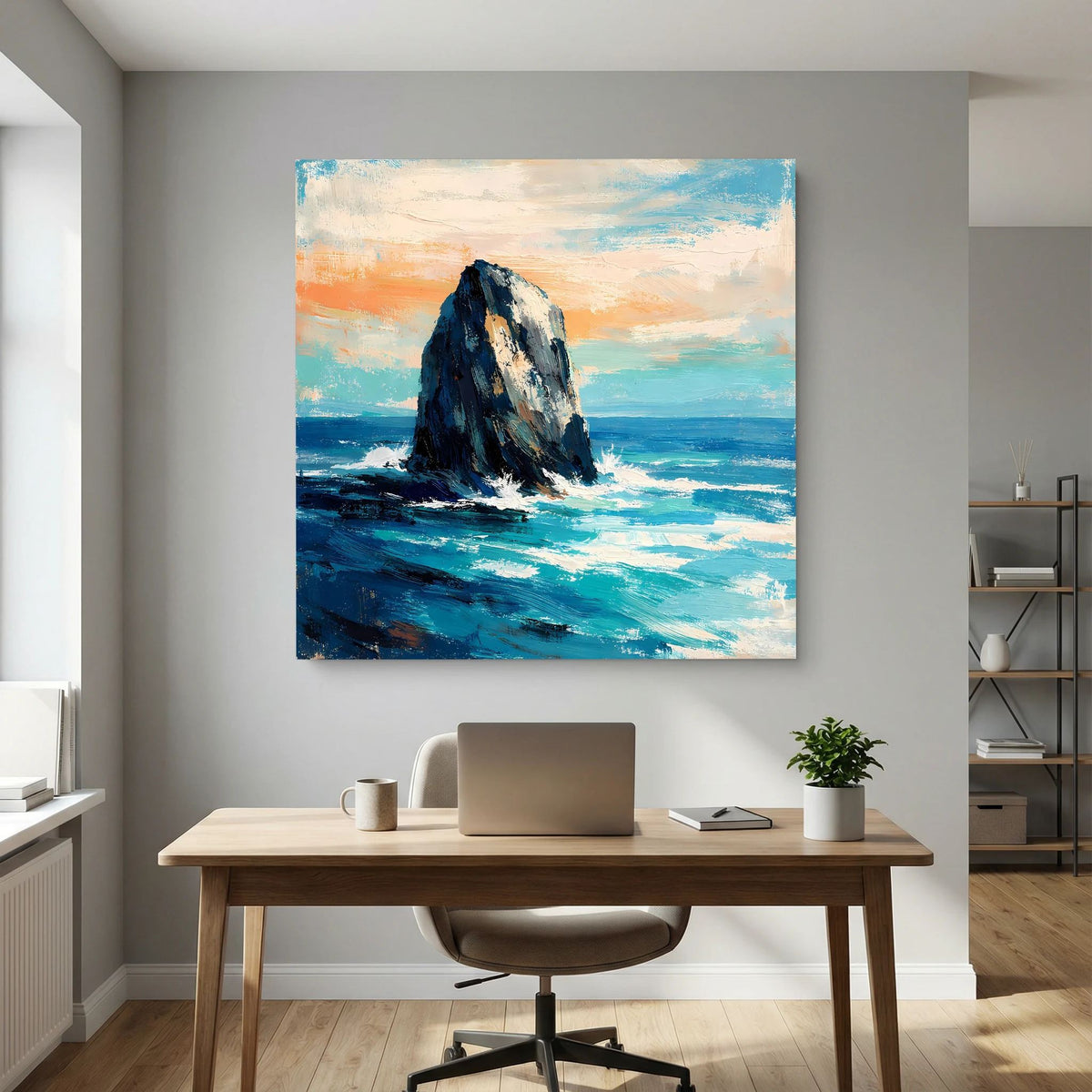Quadratisches Leinwandbild: Felsen in der Brandung, blaues Meer mit weißen Schaumkanten.