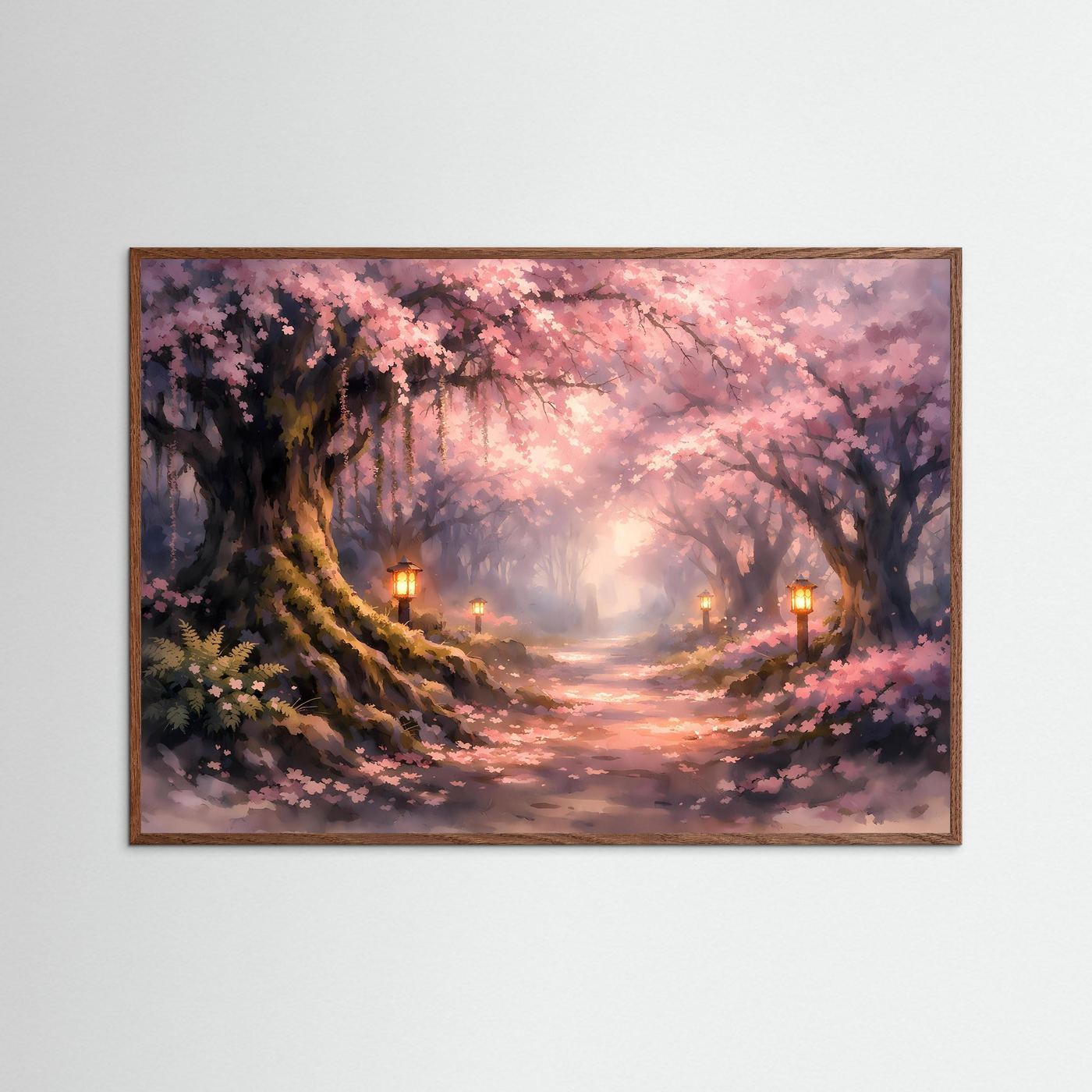 Märchenhafter Kirschblütenweg | Rosa Kirschblüte & Lanternen Poster Querformat