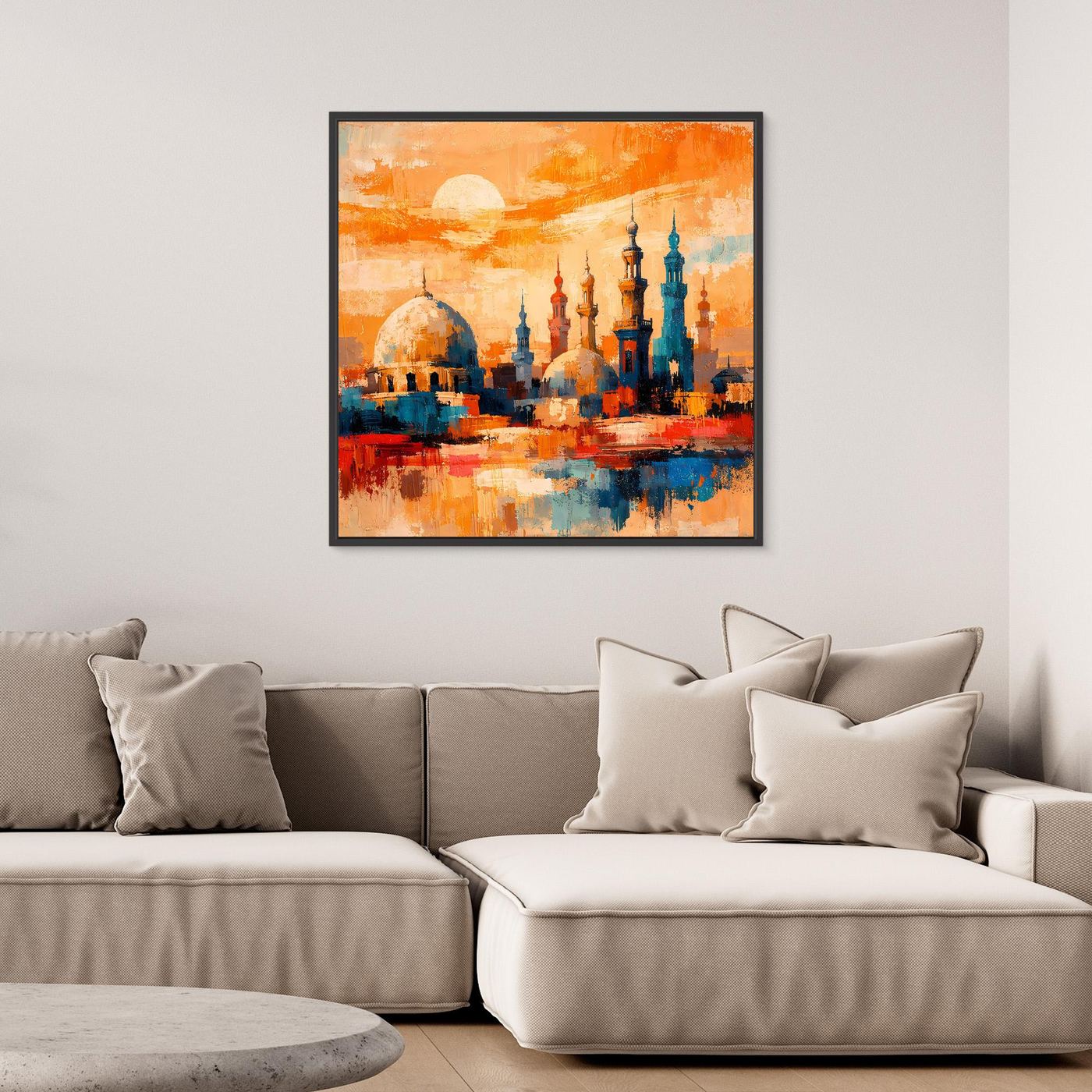 Abstraktes Leinwand-Wandbild mit orientalischer Skyline und Minaretten im schwarzen Rahmen