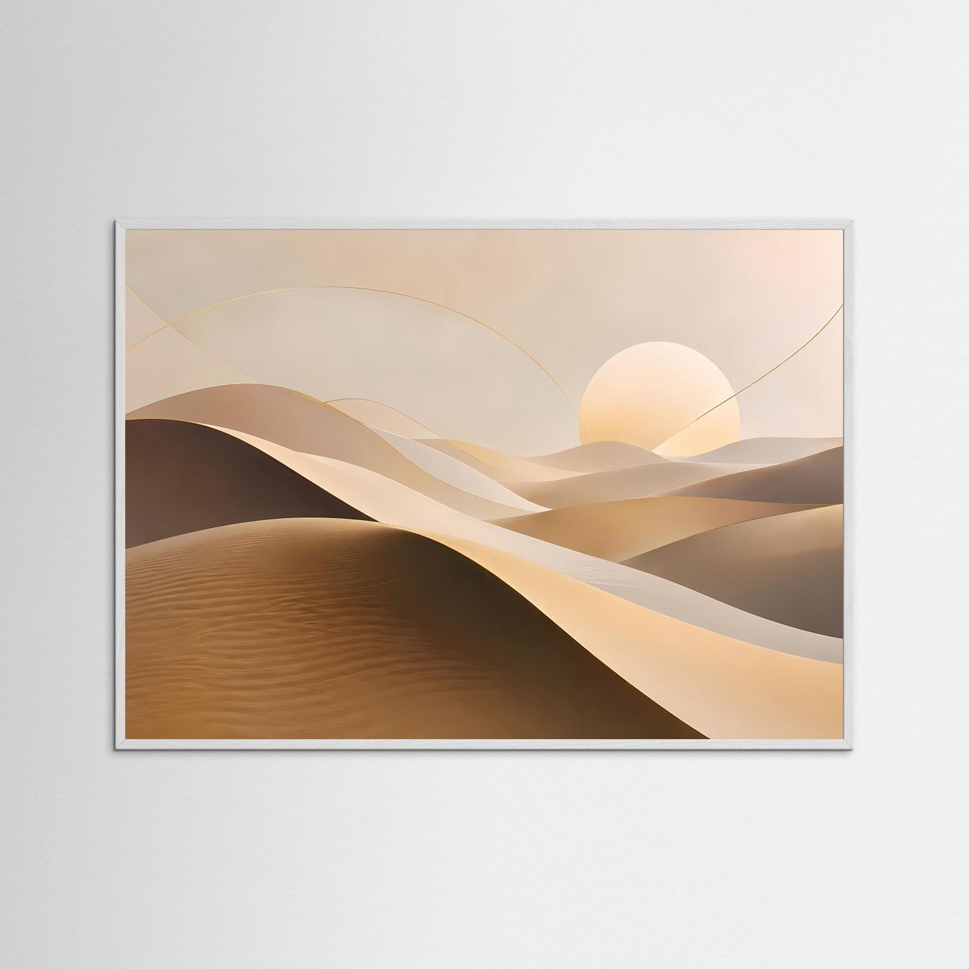 Querformat-Poster im weißen Rahmen mit Sanddünen in Beige, Braun und hellem Sonnenkreis.