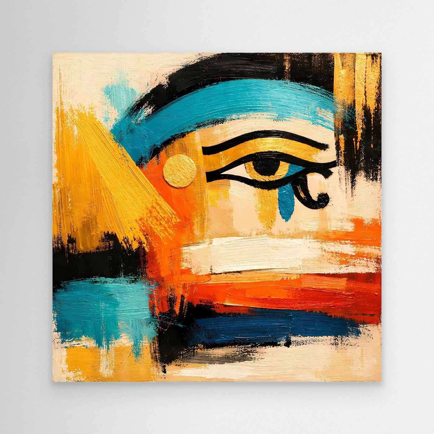 Abstract Eye artwork on canvas with teal, orange, blue, gold, and bold black lines