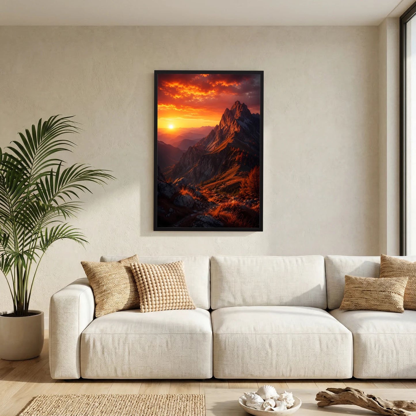 Wandposter im Hochformat mit Berggipfeln in Orange, schwarzer Rahmen, im Wohnzimmerarrangement