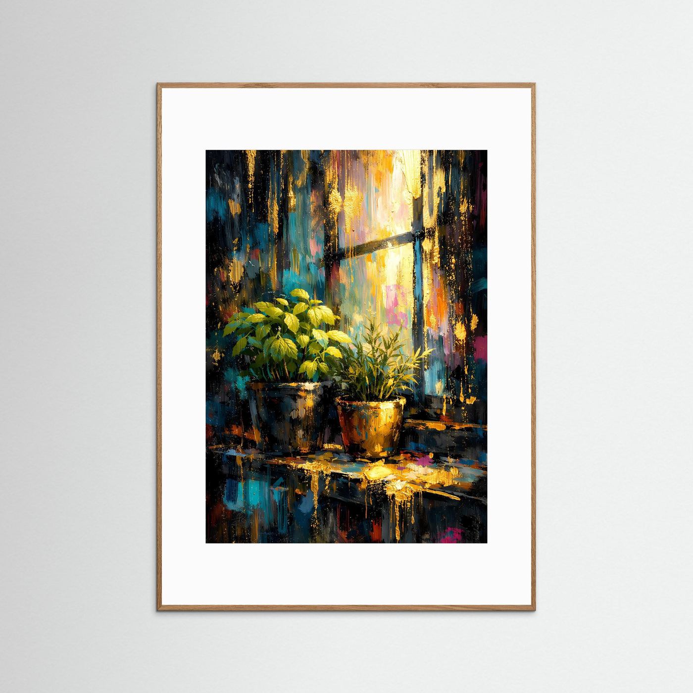 Hochformat-Stillleben-Poster mit Pflanzen und Licht, roséfarbener Rahmen