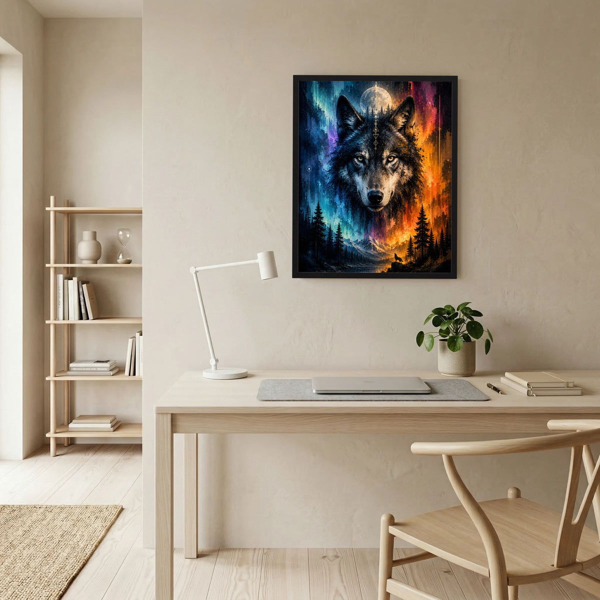Wolfsposter im schwarzen Rahmen an der Wand, zwei Wölfe mit Mondblick