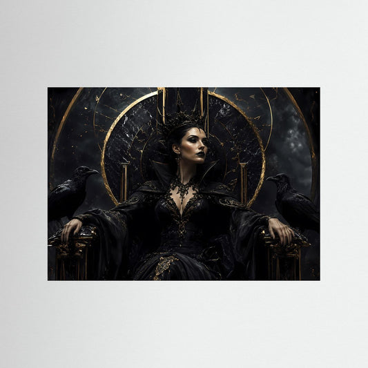 Gothic-Print: dunkle Königin auf Thron, Krone, Raben und goldener Kreis