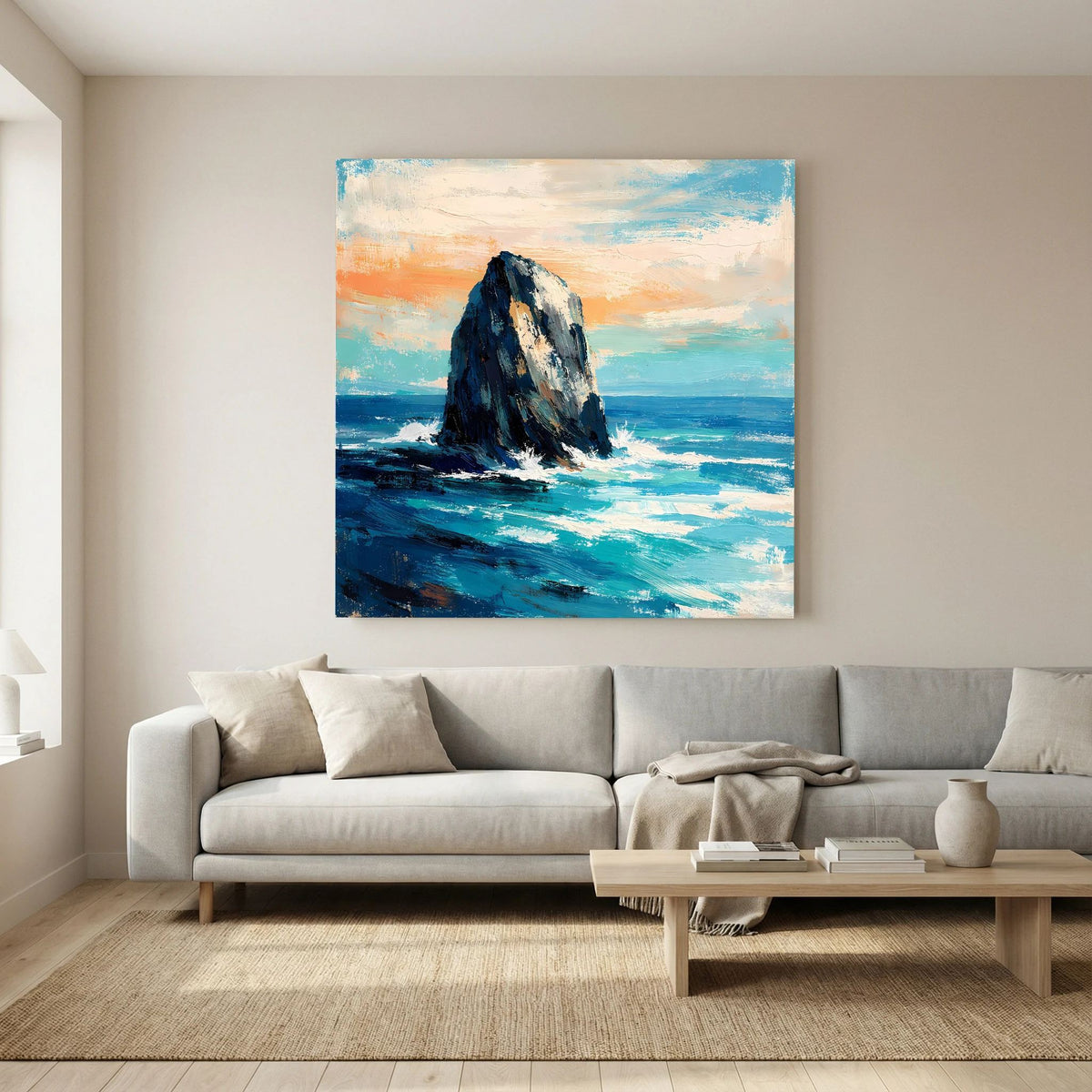 Leinwand-Wandbild mit Felsen in der Brandung, dynamische Pinselstriche in Blau und Türkis