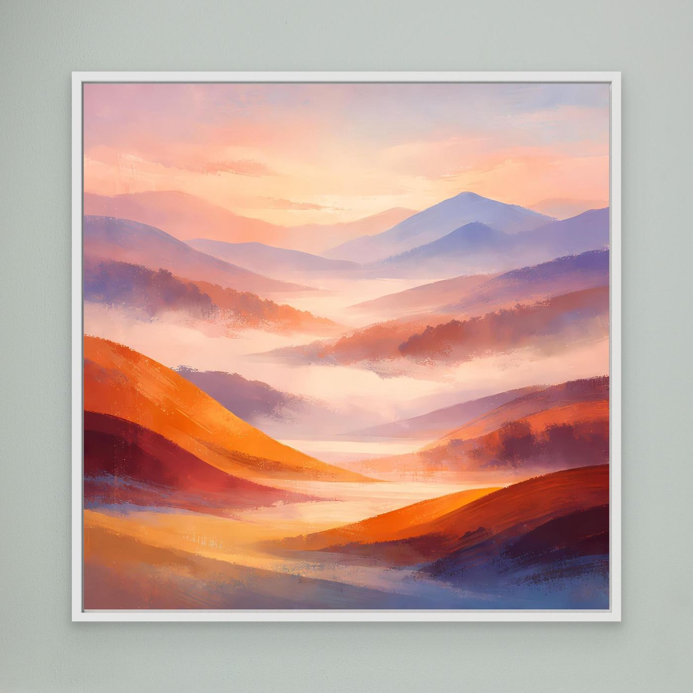 Leinwandbild mit weißem Rahmen, abstrakte Pastell-Berglandschaft in Orange und Violetttönen