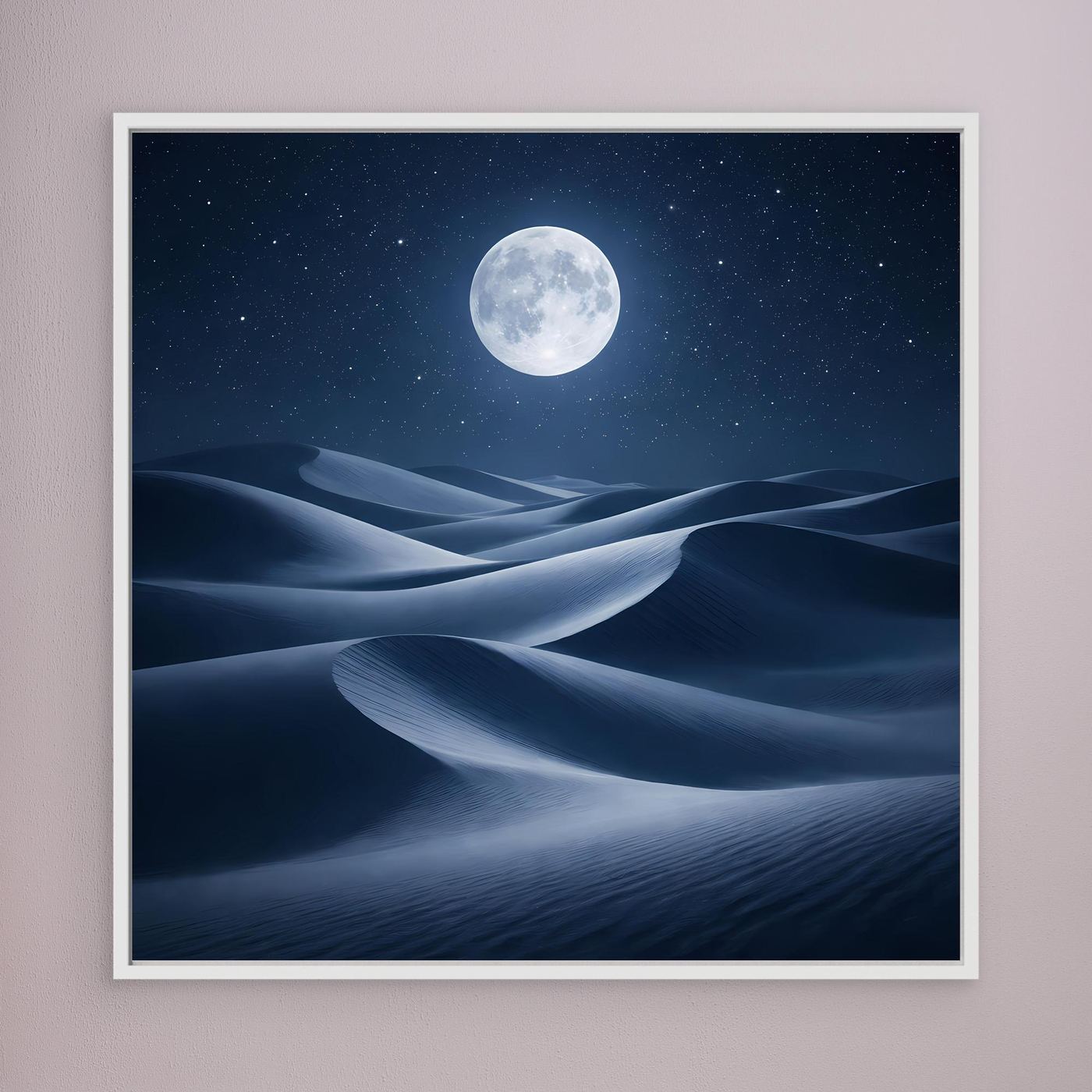 Quadratisches Leinwandbild: Vollmond über Wüstendünen mit weißem Rahmen