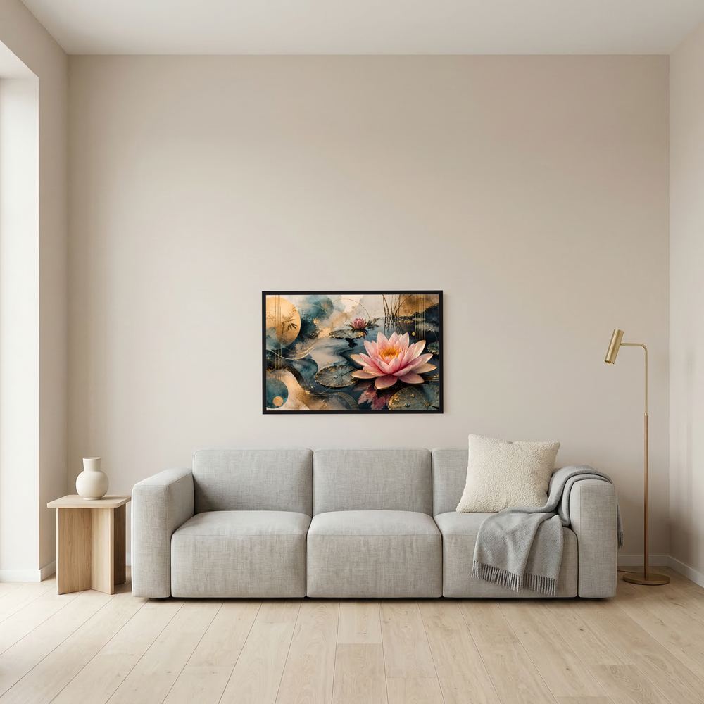 Gerahmtes Querformat-Poster mit rosa Seerose auf dunklem Wasser, schwarz